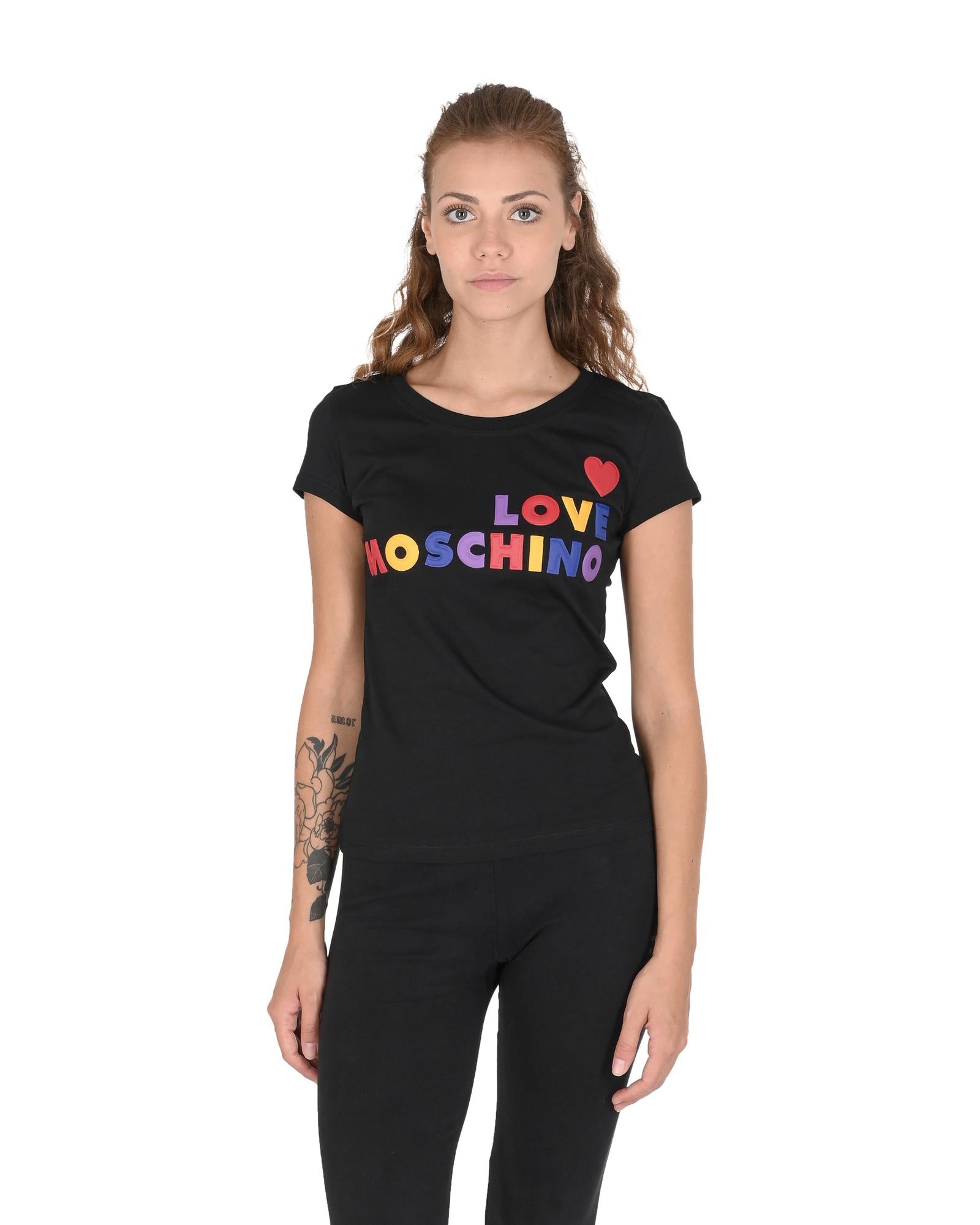 Love Moschino  Women's Black Cotton T-Shirt with Colorful Logo