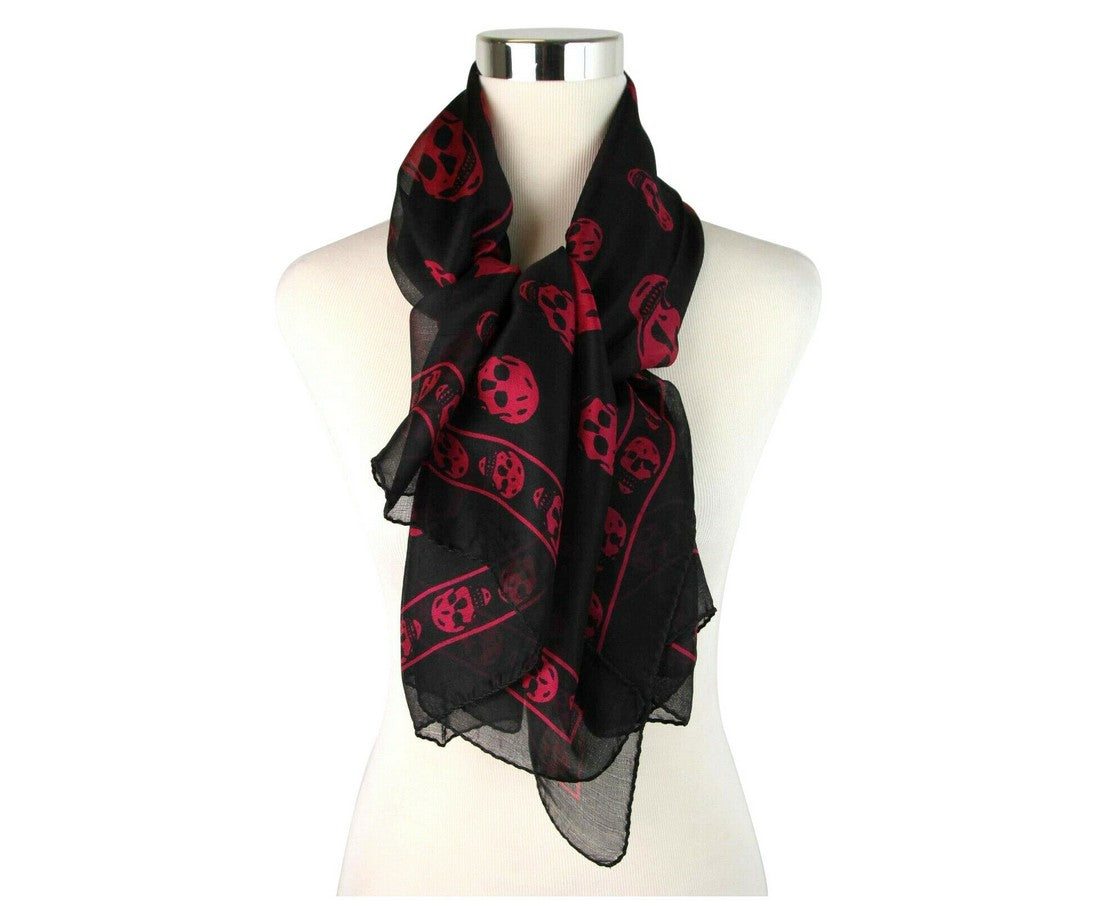 Alexander McQueen Women's Black Chiffon Silk With Purple Pink Skull Print Scarf