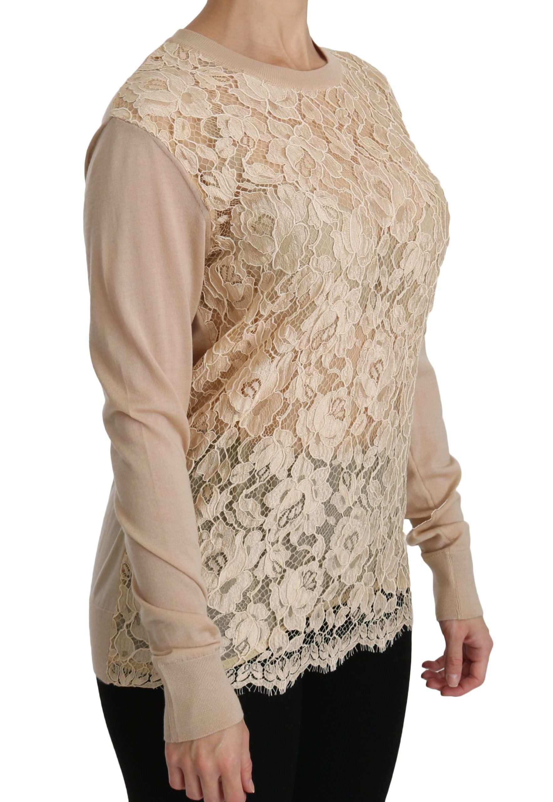 Dolce & Gabbana Elegant Beige Lace Crew Neck Cashmere Women's Blouse