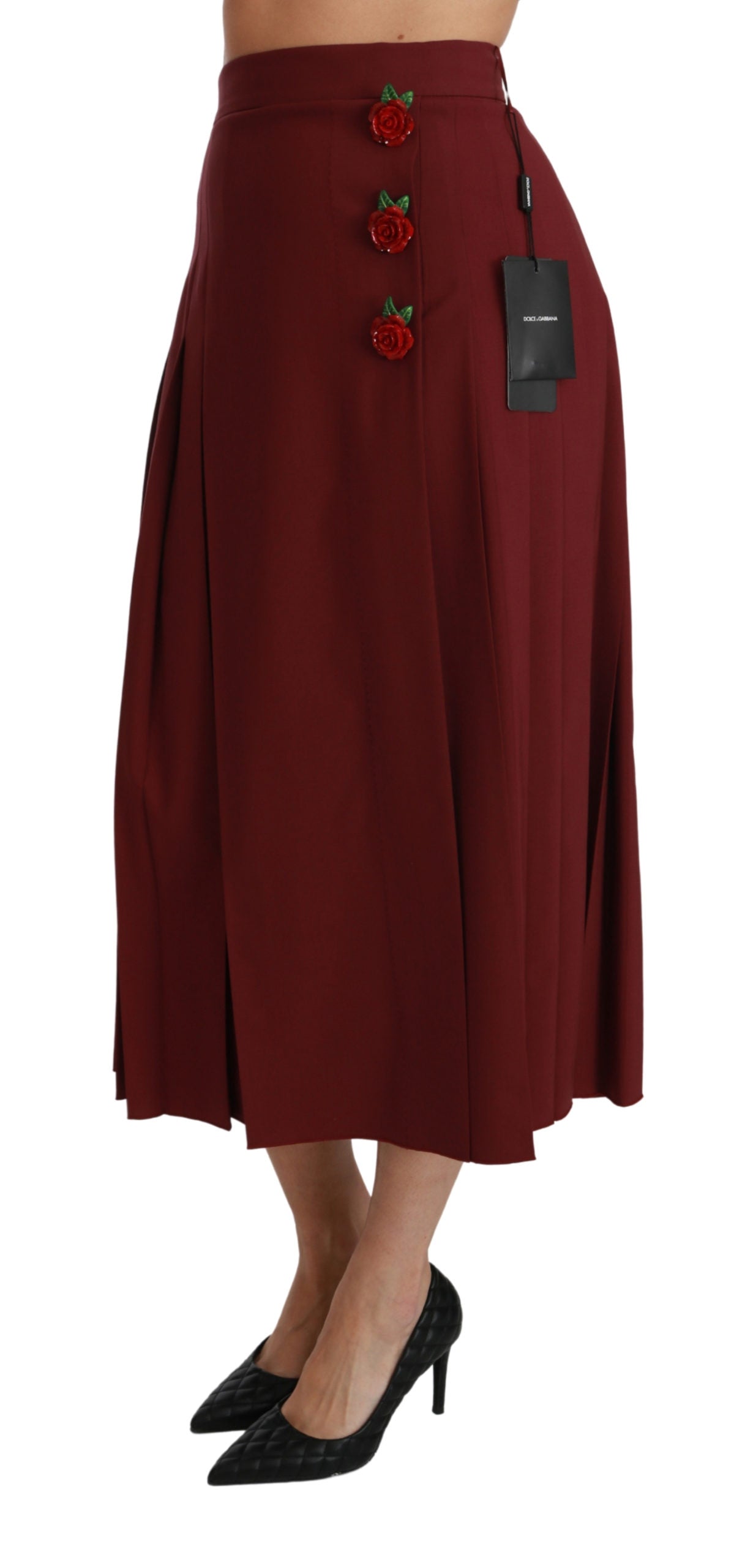 Dolce & Gabbana  Womens Burgundy Pleated Skirt with Rose Buttons