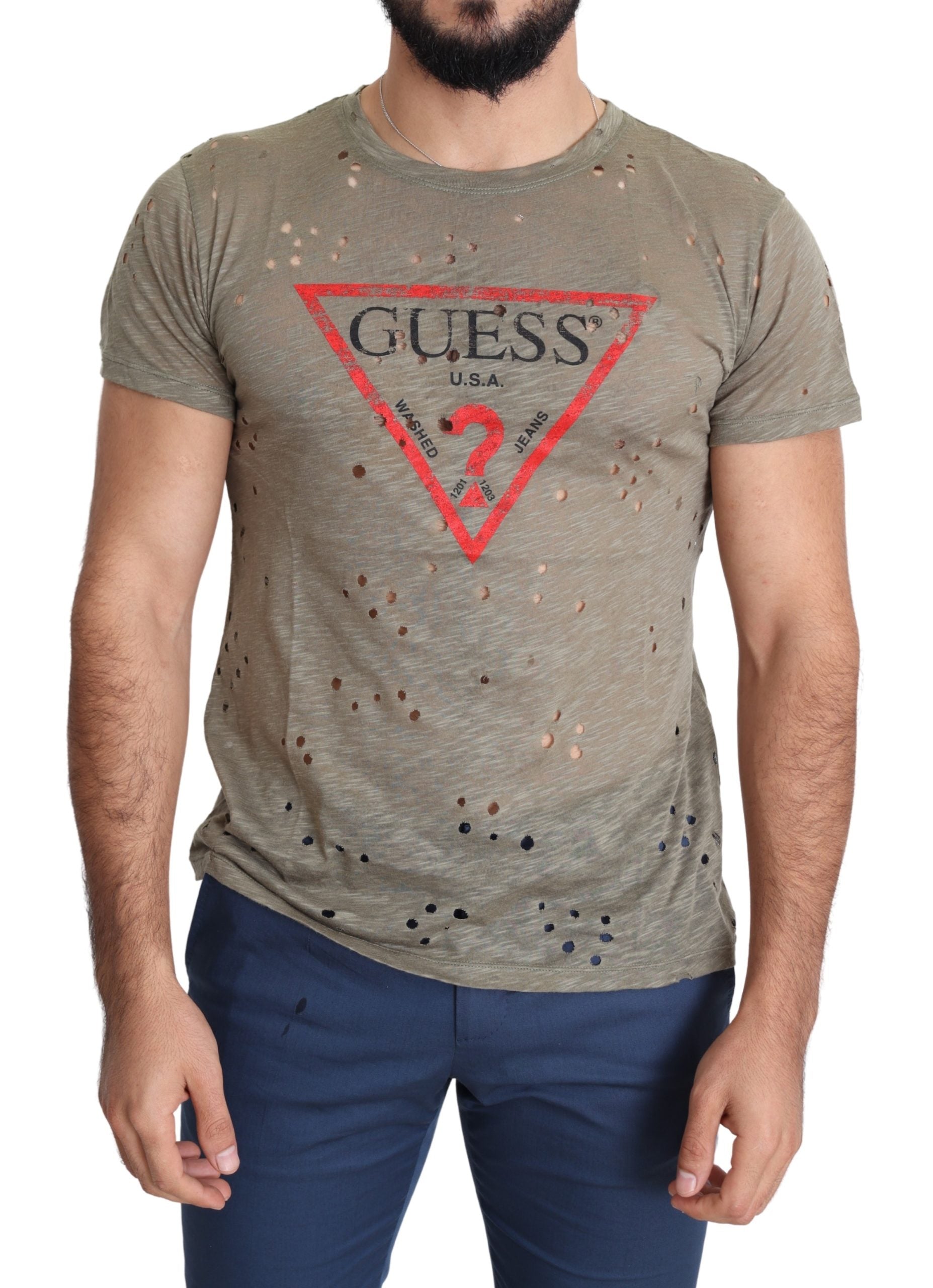 Guess  Men's Distressed T-Shirt - Green3