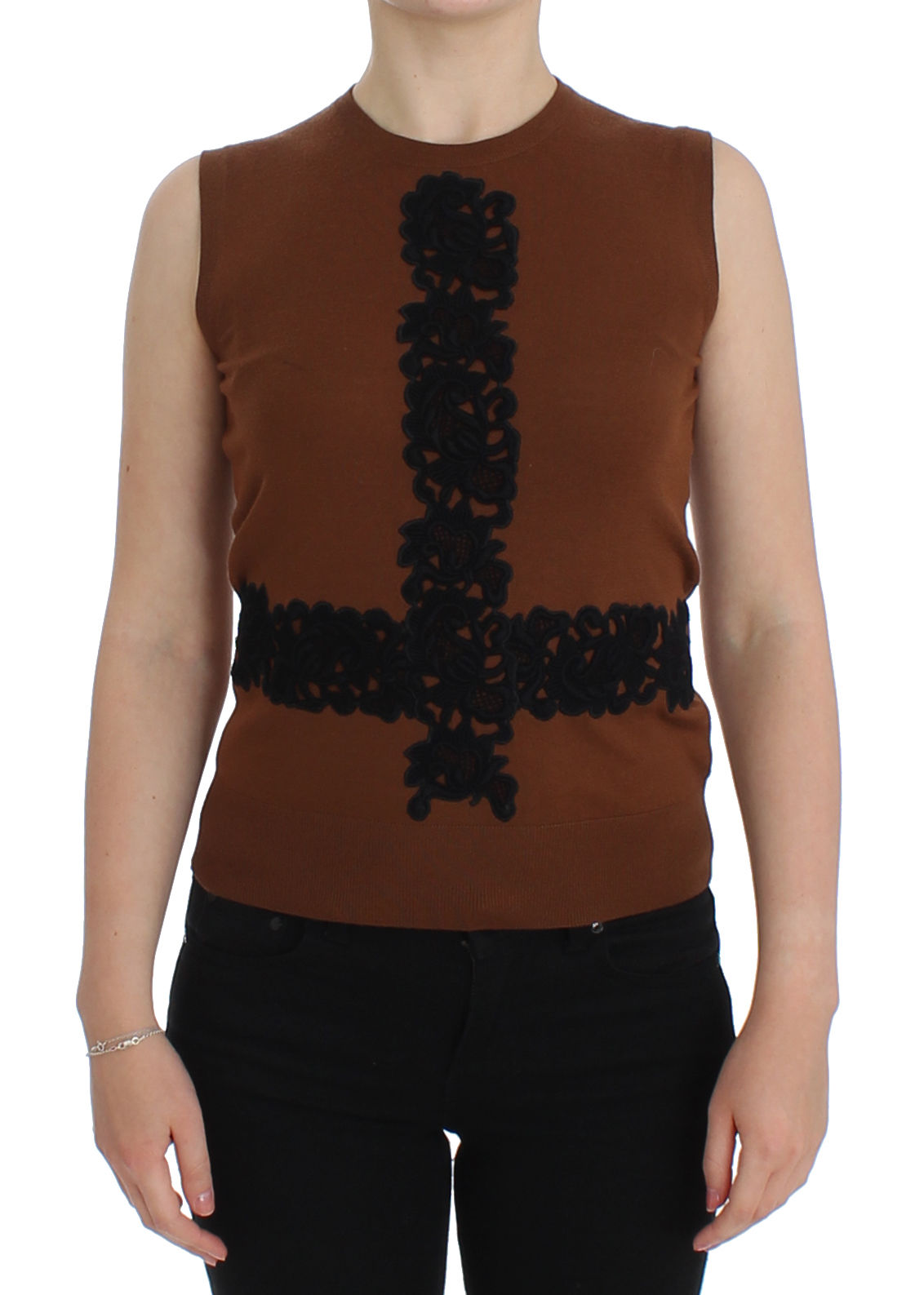 Dolce & Gabbana  Women's Brown Floral Lace Trim Sleeveless Knit Top