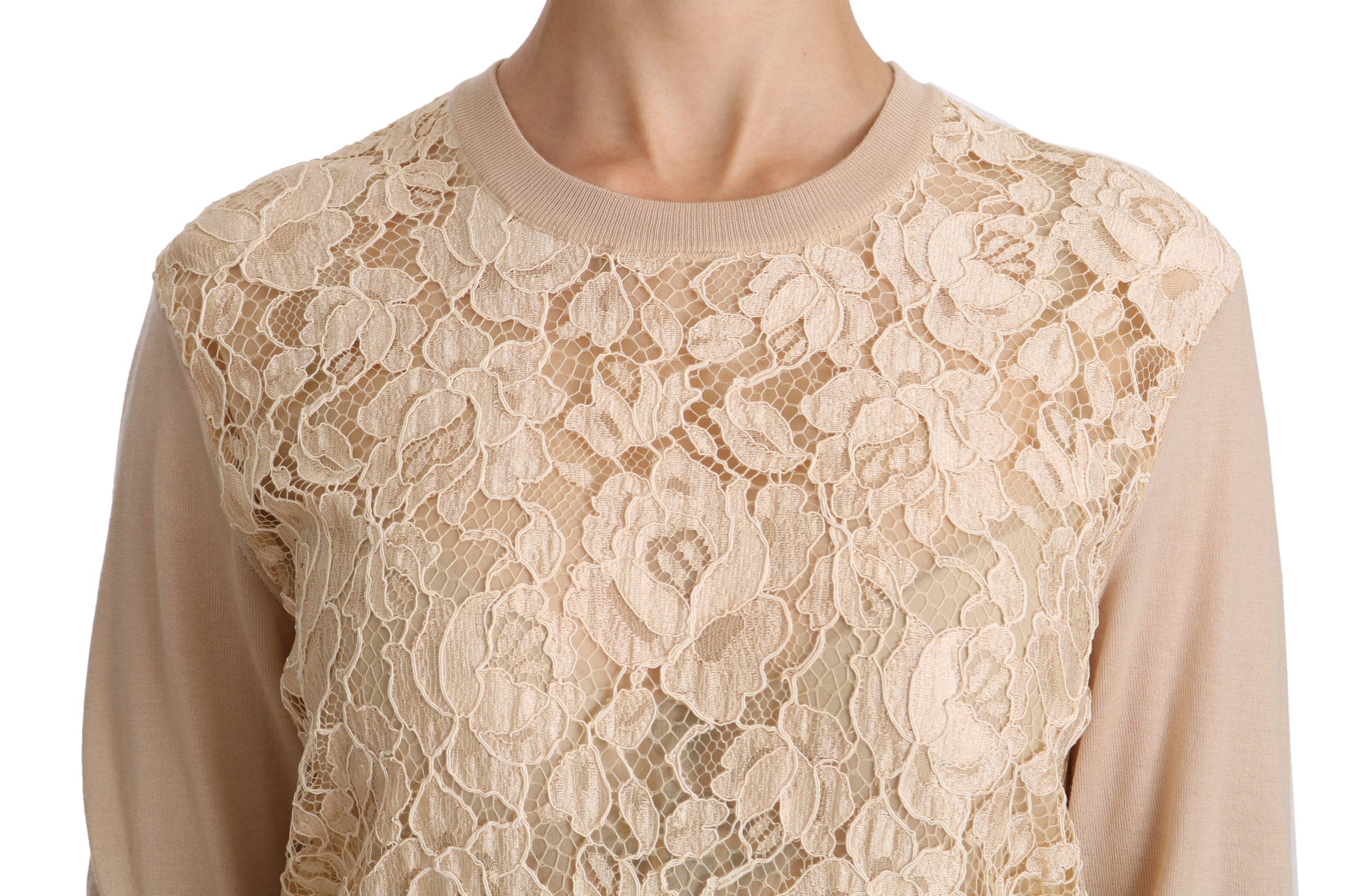 Dolce & Gabbana  Women's Beige Cashmere Lace Knit Sweater     Lace Knit Sweater in Beige    Women's Beige Cashmere Lace Knit Sweater by      Beige Cashmere Lace Knit Sweater for Women     Lace