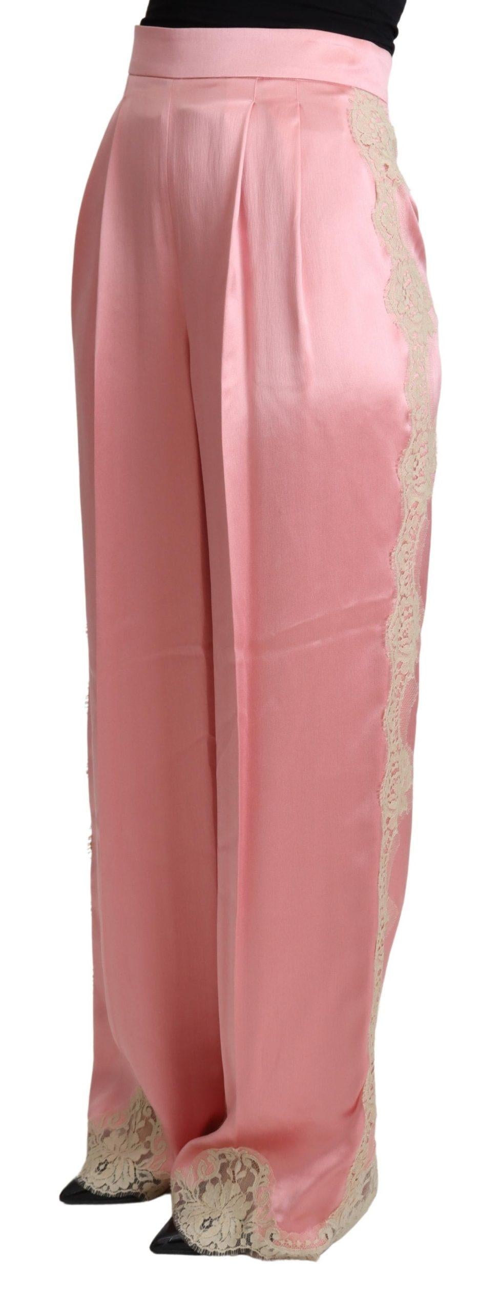 Dolce & Gabbana  Lace Trimmed Satin Wide-Leg Pants - Pink