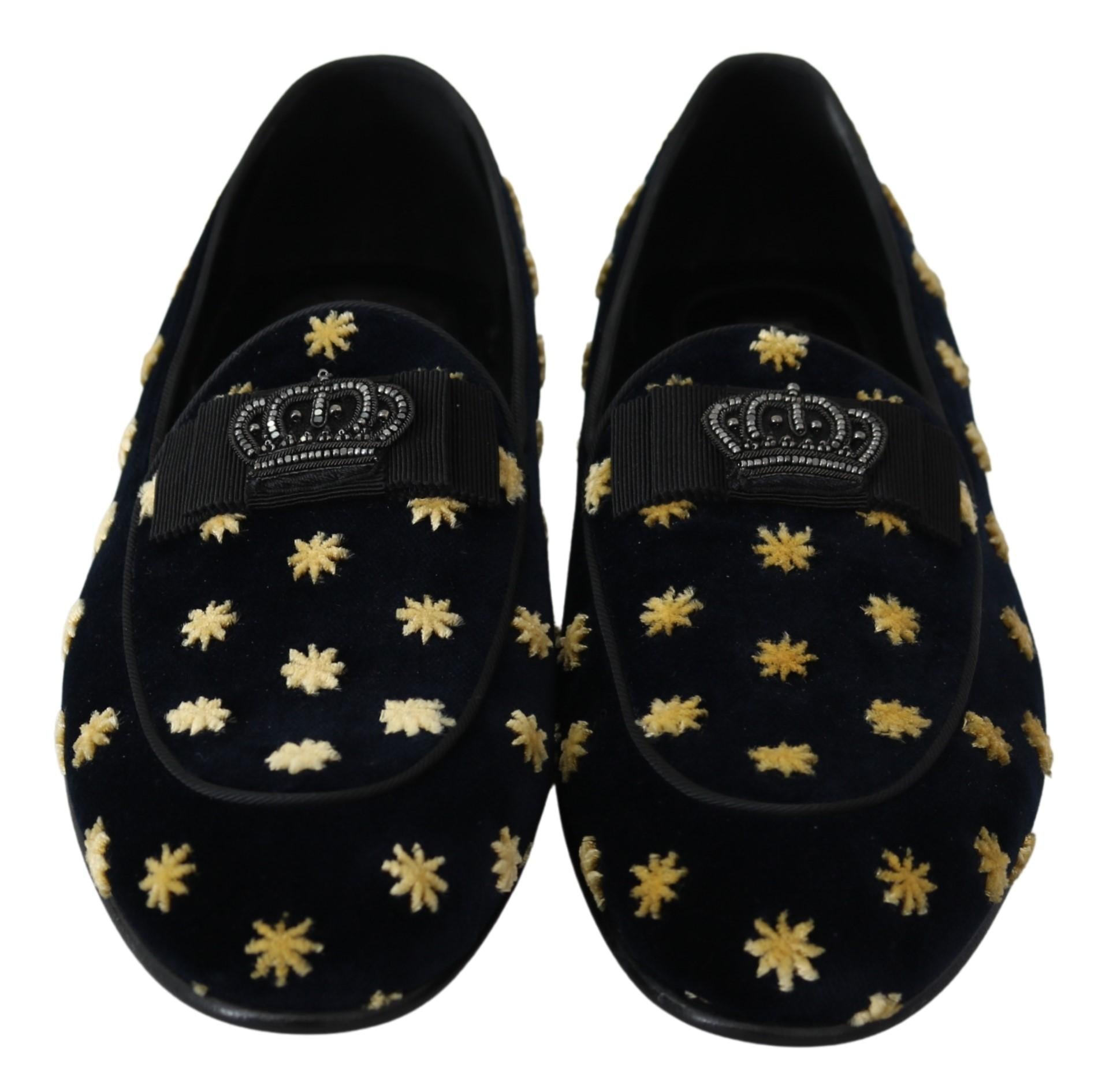 Dolce & Gabbana  Men's Embroidered Velvet Loafers with Crown Detail - Blue