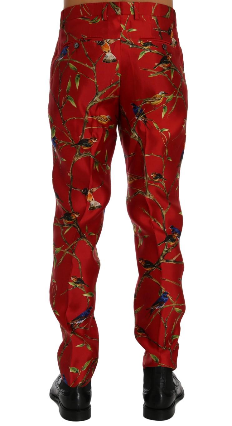 Dolce & Gabbana  Men's Red Bird Print Slim Fit Silk Pants