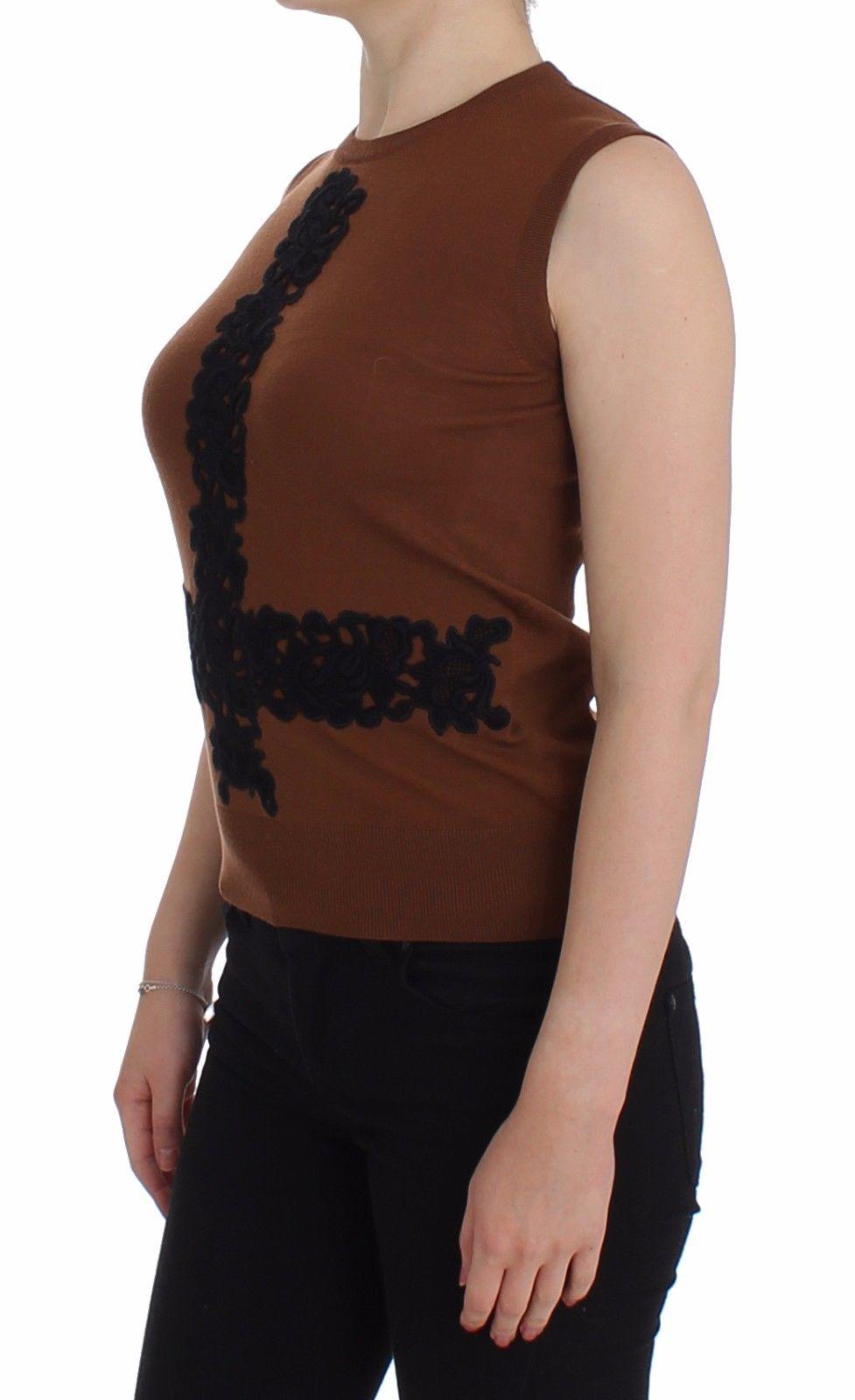 Dolce & Gabbana  Women's Brown Floral Lace Trim Sleeveless Knit Top