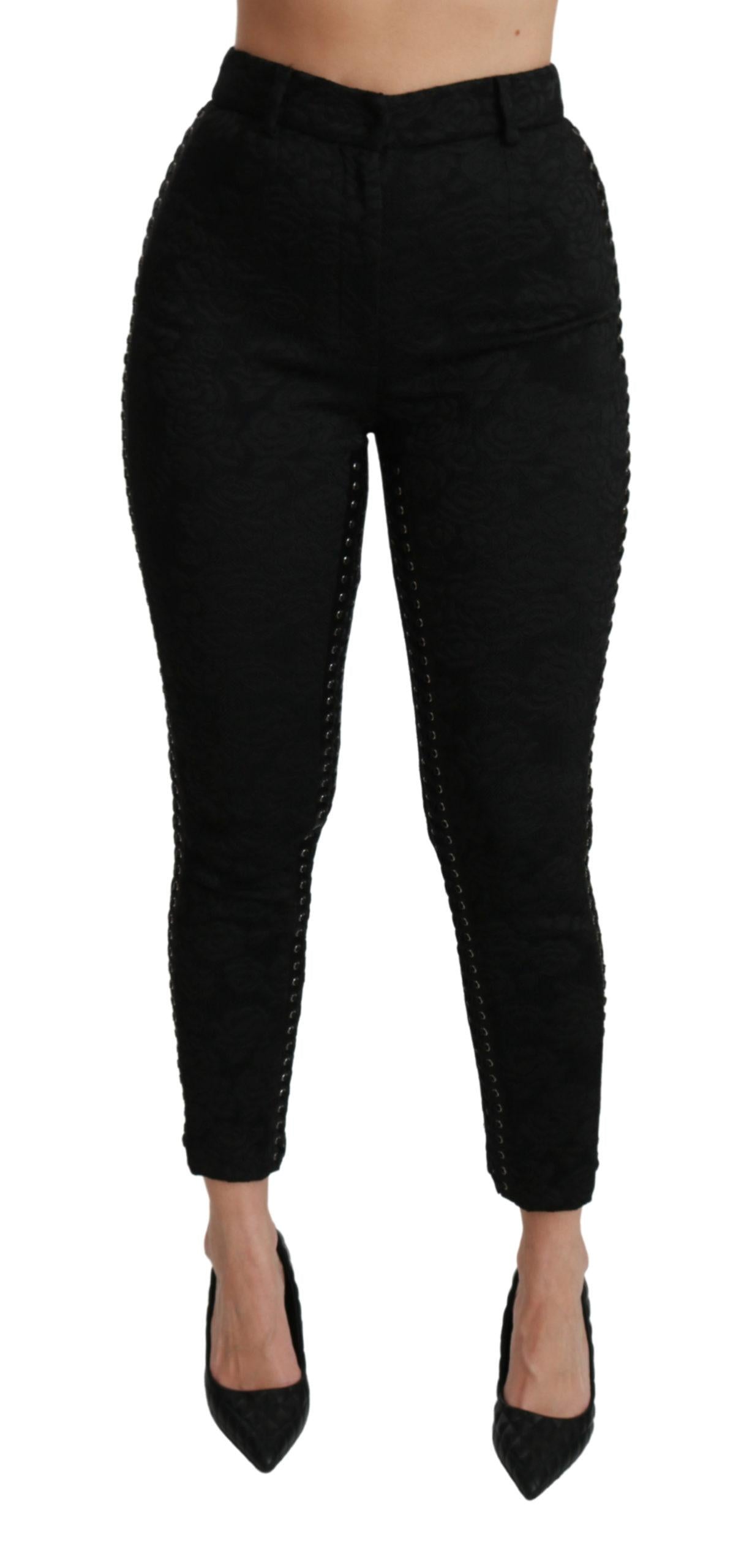 Dolce & Gabbana  Black Stretch Cotton Trousers with Leather Detail