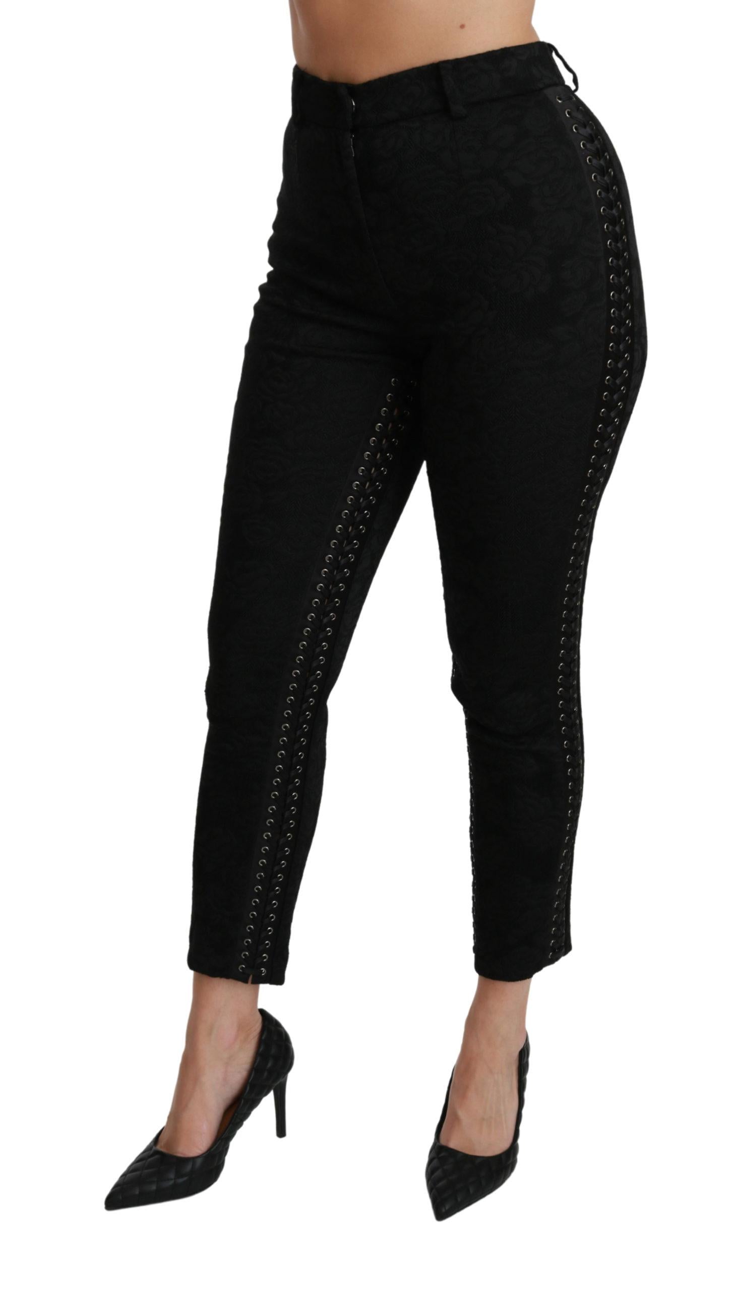 Dolce & Gabbana  Black Stretch Cotton Trousers with Leather Detail