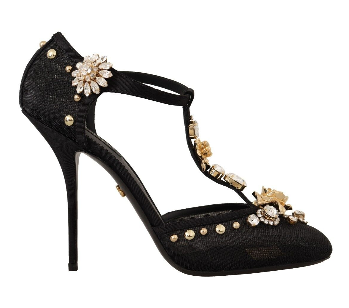 Dolce & Gabbana  Black Mesh T-Strap Pumps with Crystal Embellishments