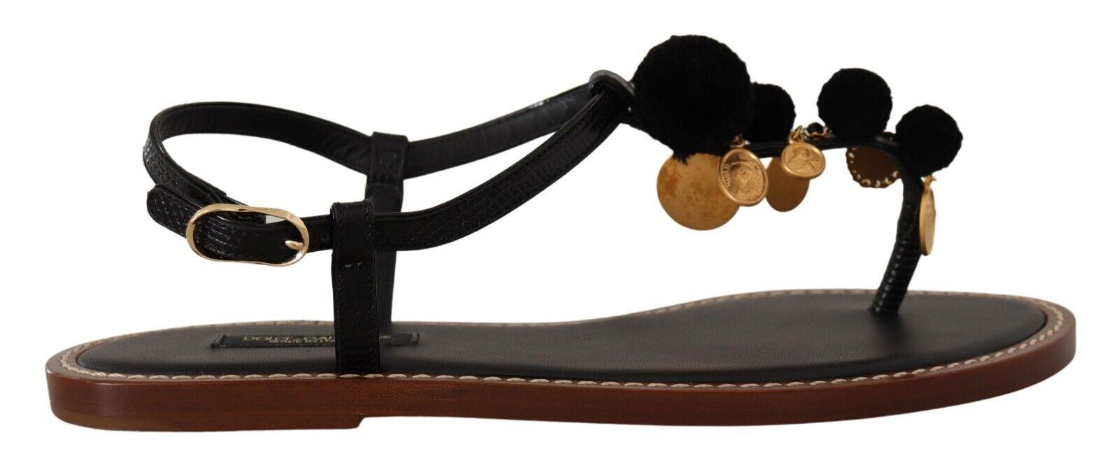 Dolce & Gabbana  Black Leather Pom-Pom Thong Sandals