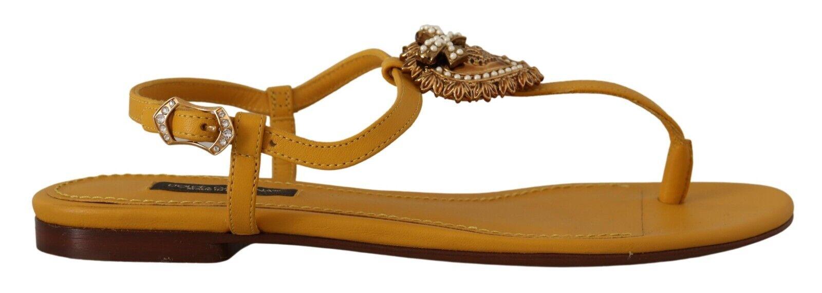 Dolce & Gabbana  Womens Leather Thong Sandals with Crystal Buckle - Yellow