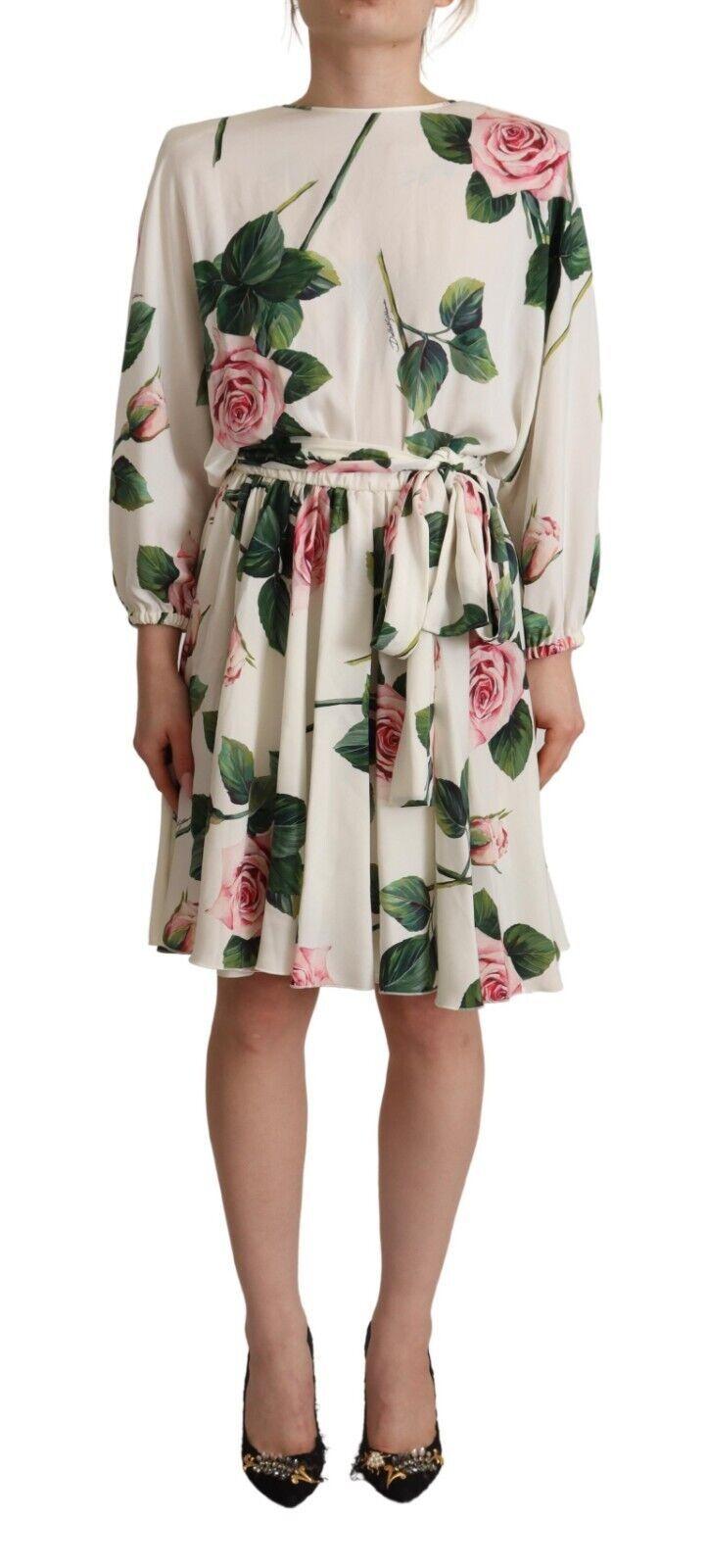 Dolce & Gabbana  Rose Print Silk Dress  Women's  Rose Print Silk Dress  White Silk Dress with Rose Print by