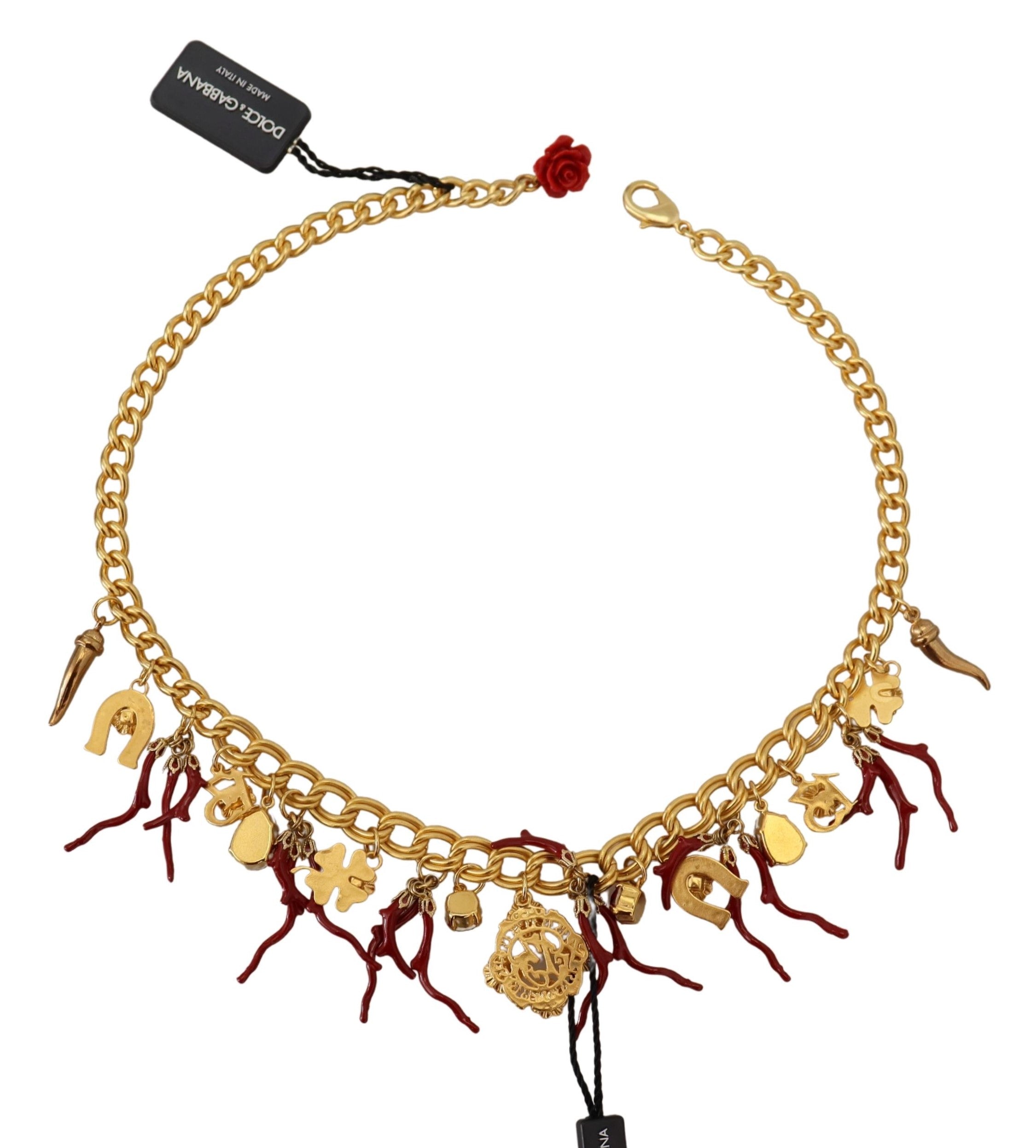 Dolce & Gabbana  Gold Tone Charm Necklace with Red Coral