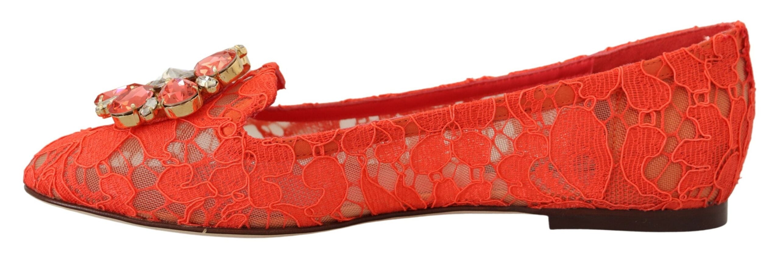 Dolce & Gabbana  Women's Orange Lace Ballerina Flats with Jewel Embellishment