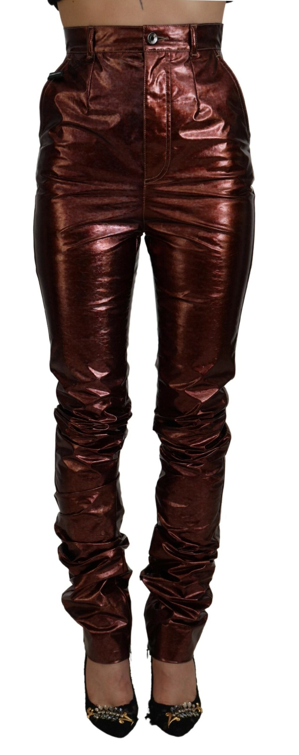 Dolce & Gabbana  Women's High Waist Skinny Fit Leather Jeans - Burgundy