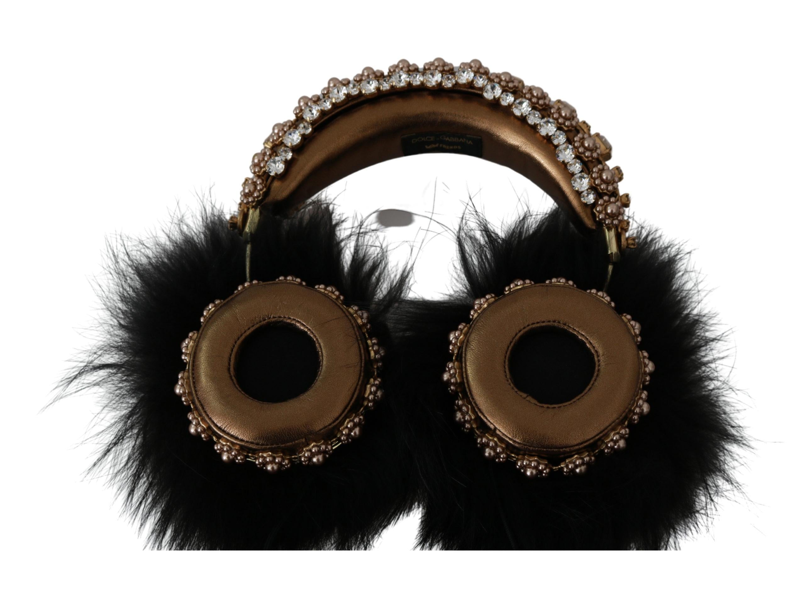 Dolce  Gabbana Gold Black Crystal Fur Headset Audio Headphones20