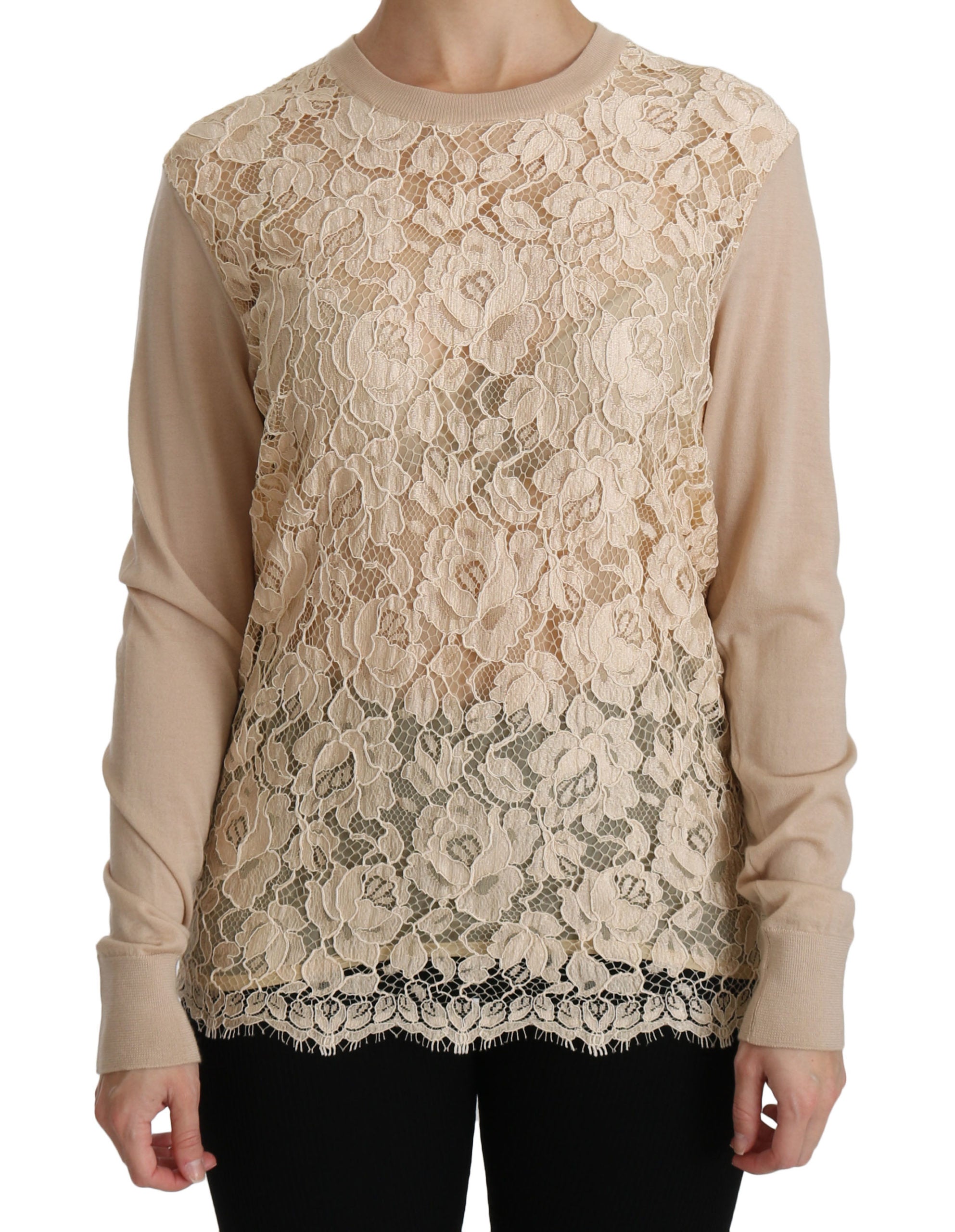 Dolce & Gabbana  Women's Beige Cashmere Lace Knit Sweater     Lace Knit Sweater in Beige    Women's Beige Cashmere Lace Knit Sweater by      Beige Cashmere Lace Knit Sweater for Women     Lace