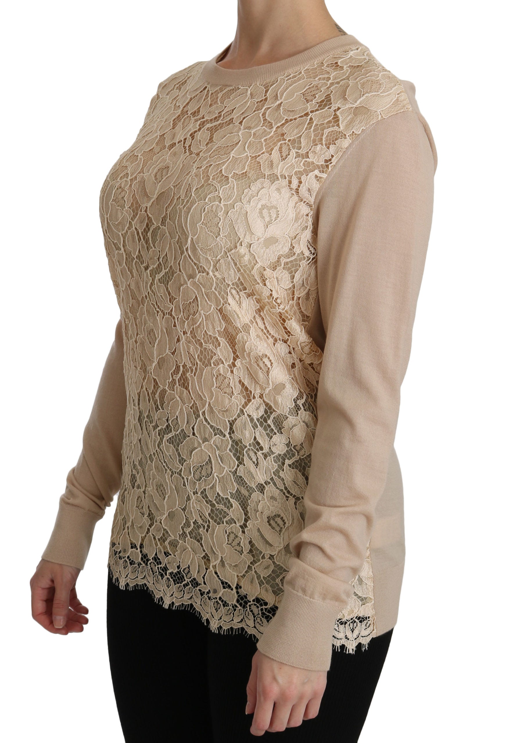 Dolce & Gabbana  Women's Beige Cashmere Lace Knit Sweater     Lace Knit Sweater in Beige    Women's Beige Cashmere Lace Knit Sweater by      Beige Cashmere Lace Knit Sweater for Women     Lace