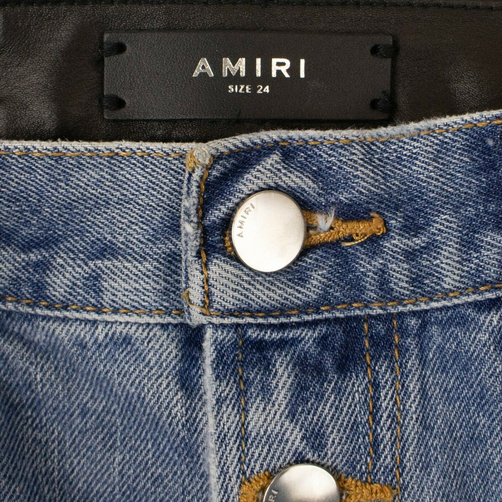 AMIRI Blue Denim Black Leather Pants5