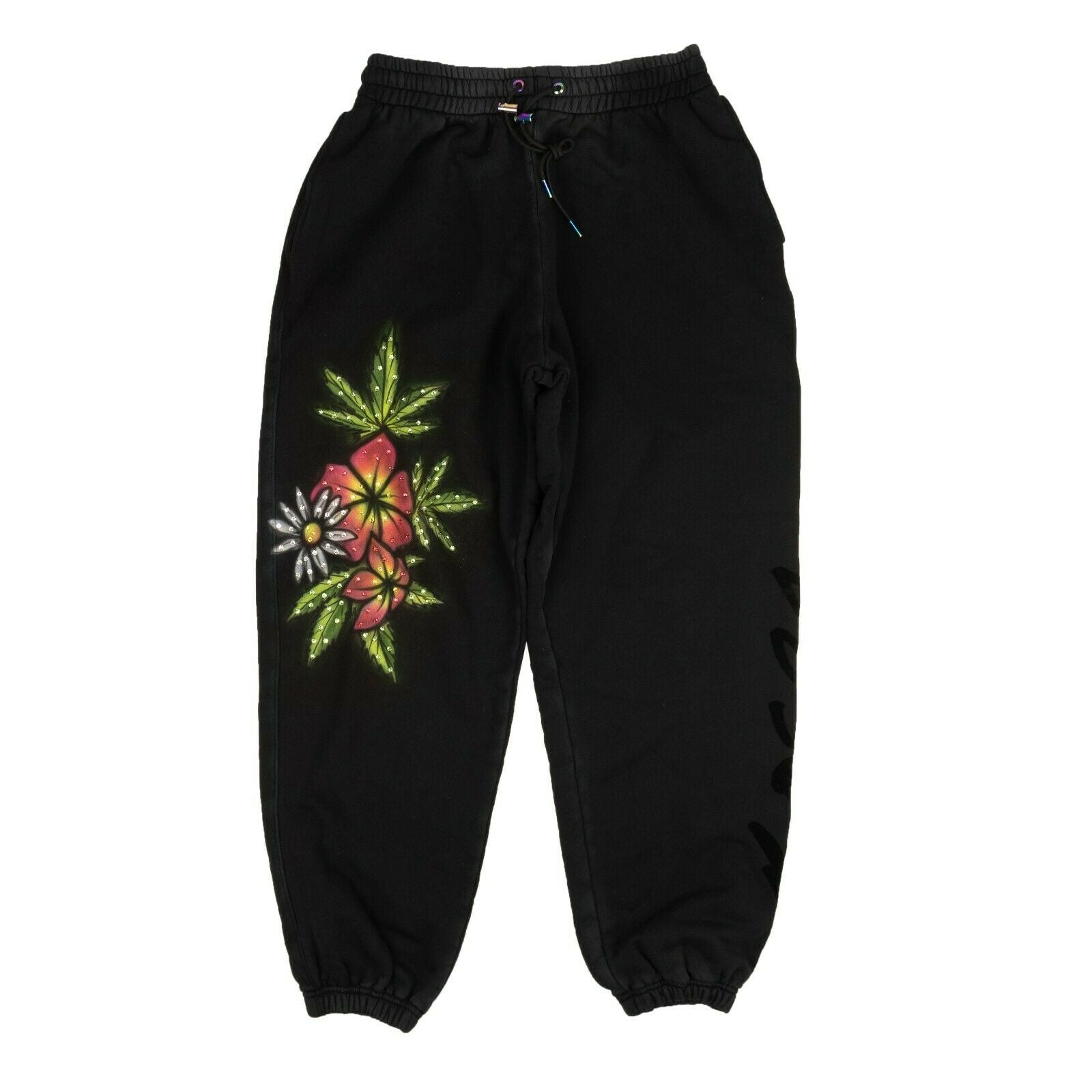 BOSSI Black Airbrush Rhinestone Flower Sweatpants1