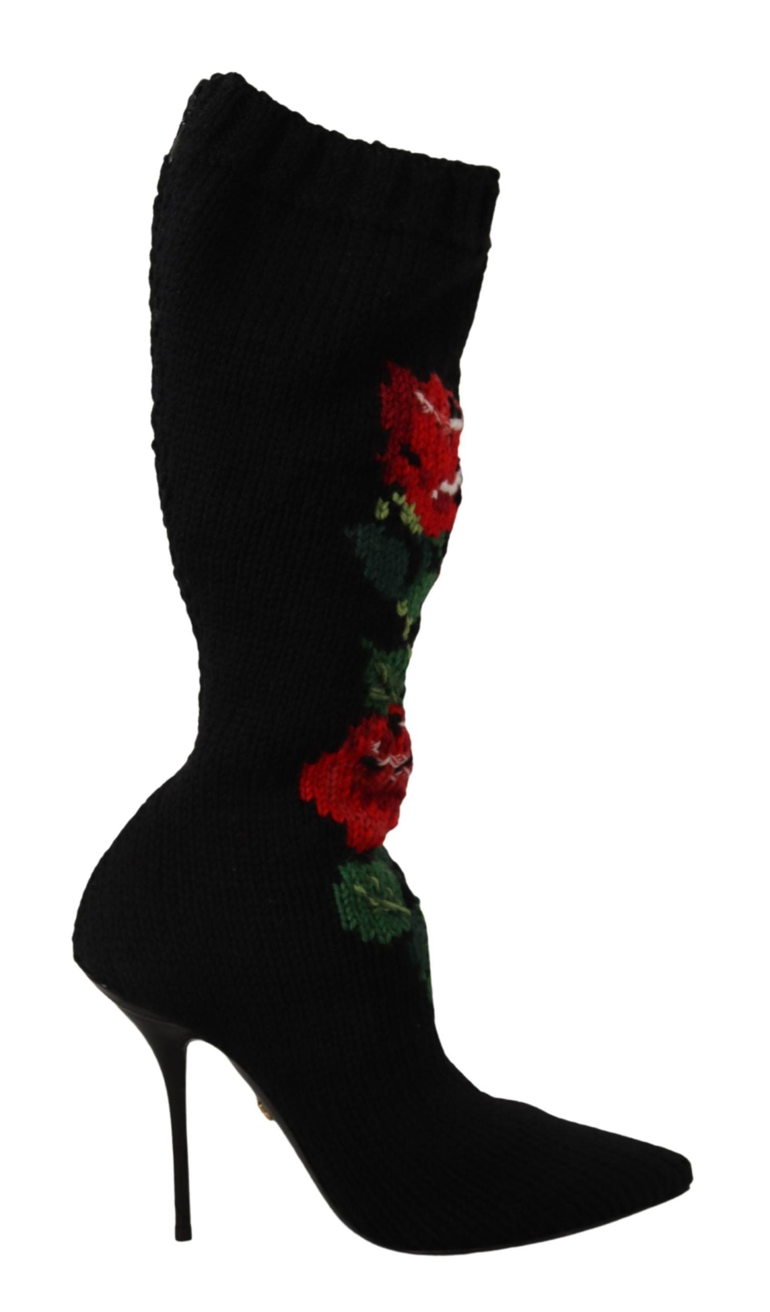 Dolce & Gabbana Elegant Sock Boots with Red Roses Women's Detail