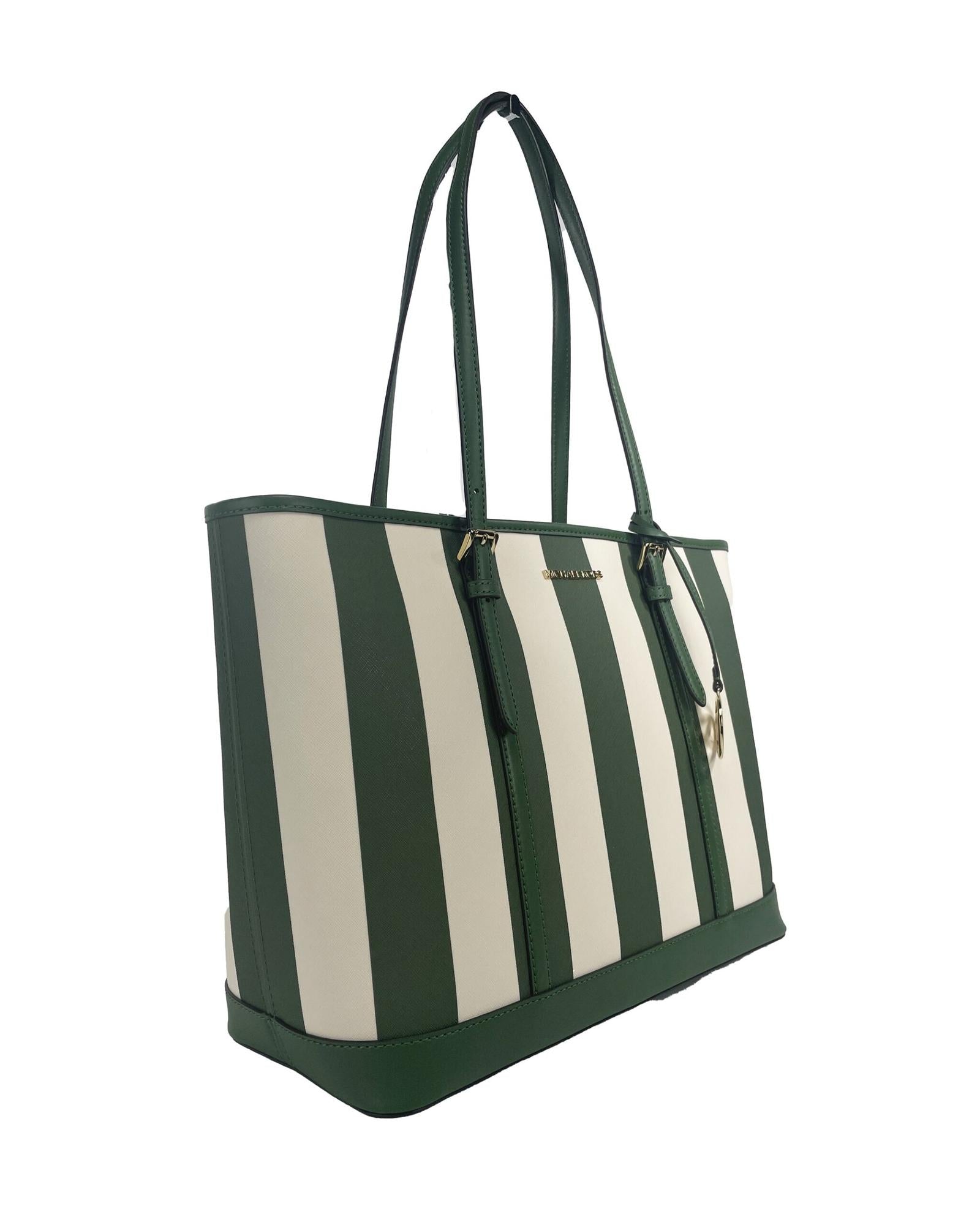 Michael Kors  Jet Set Travel Tote Bag Green Striped Leather Tote     Green Striped Tote    Striped Leather Tote Bag     Green Tote Bag