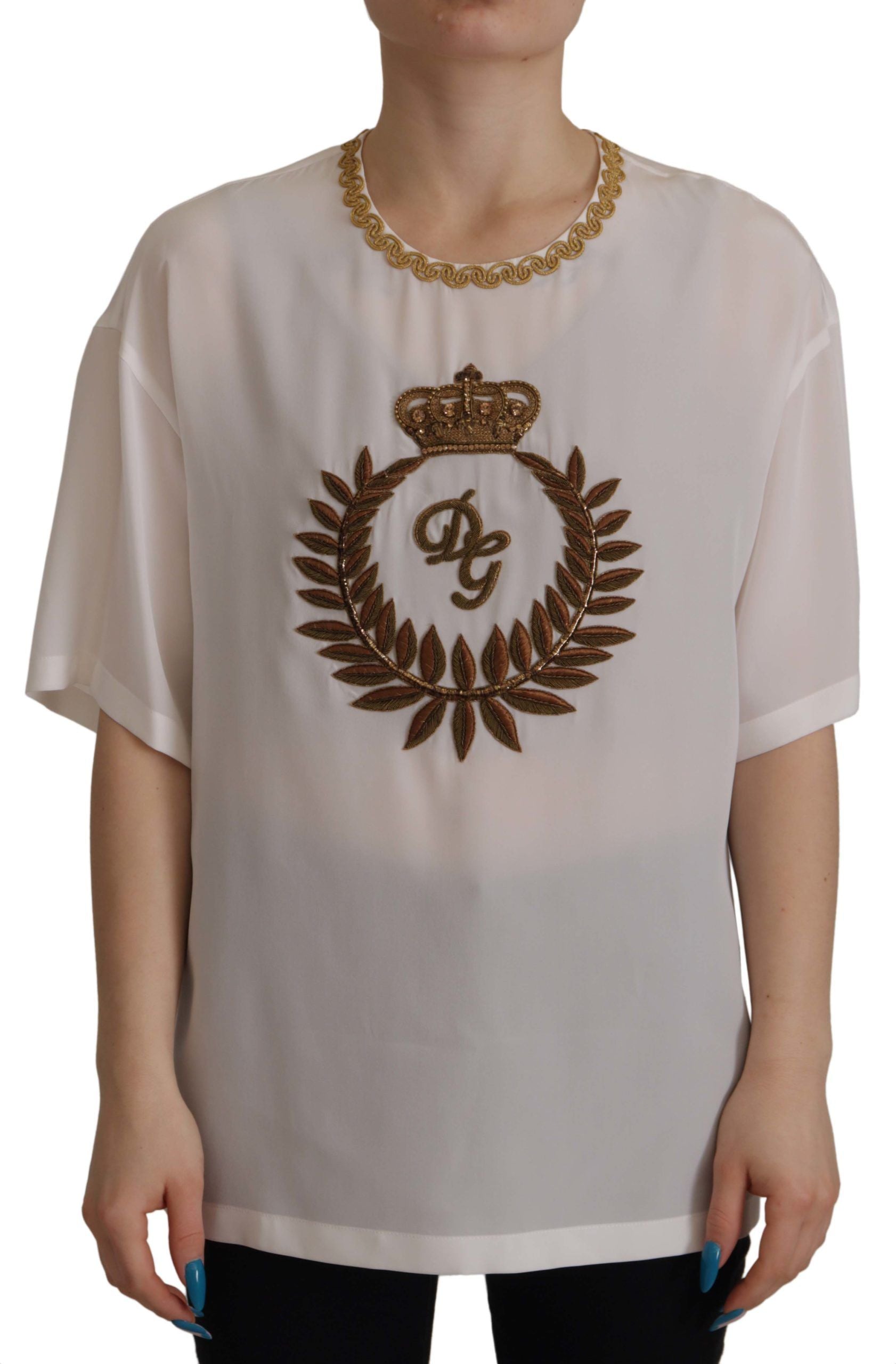 Dolce & Gabbana Elegant Silk Blouse with Gold Crown Women's Embroidery