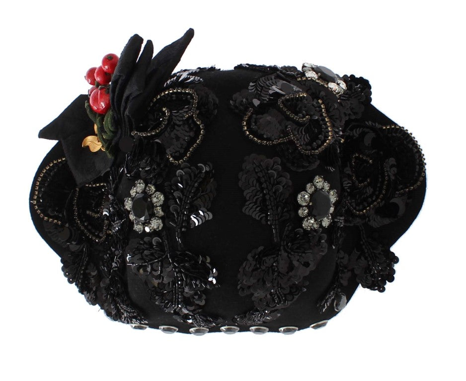 Dolce & Gabbana Elegant Black Crystal-Adorned Cloche Women's Hat