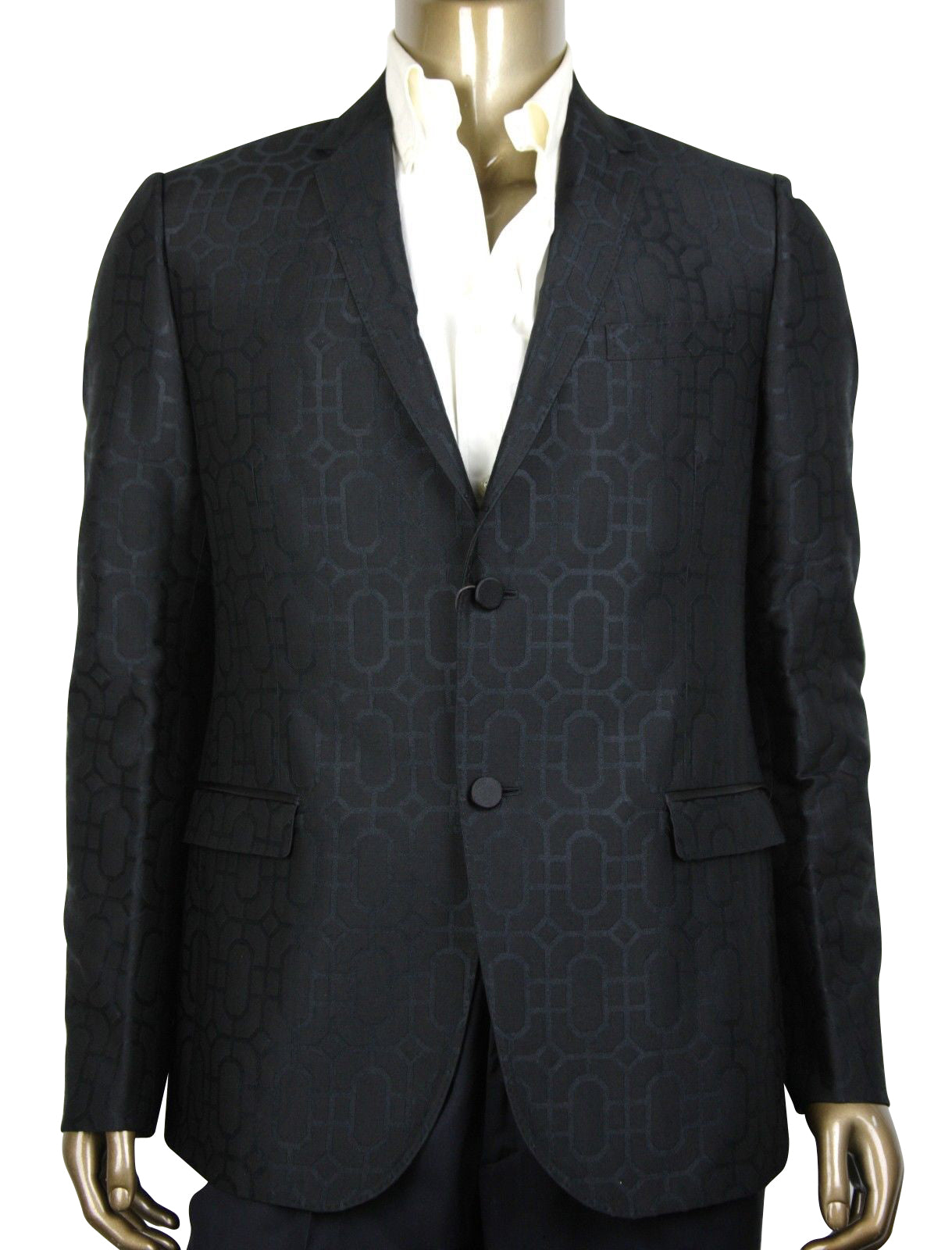 Gucci Men's Emerald Jacquard Dylan 60 Black Wool Silk 2 Buttons Jacket