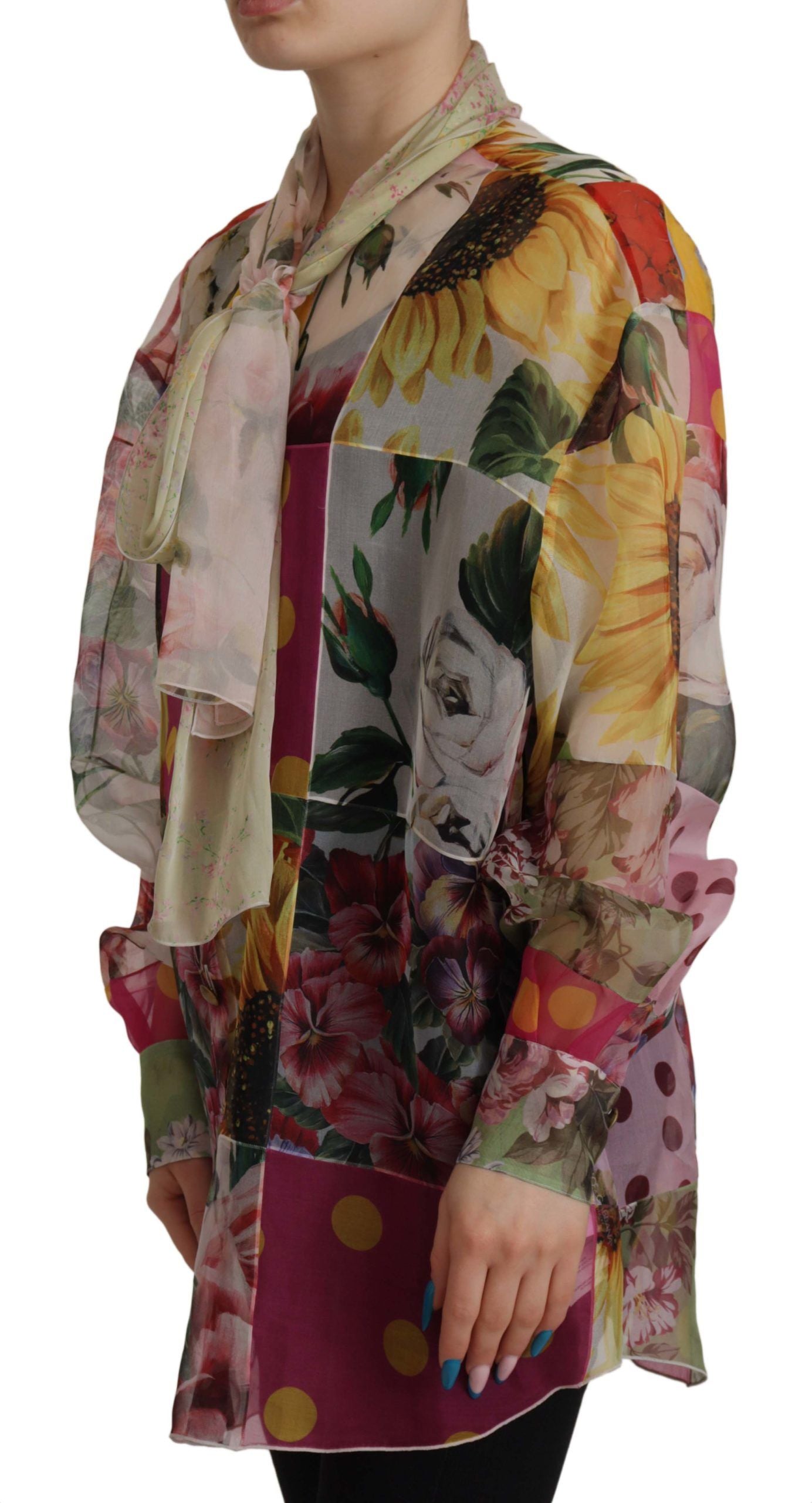 Dolce & Gabbana Multicolor Silk Ascot Collar Women's Blouse