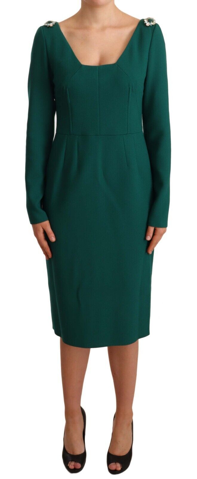 Dolce & Gabbana Emerald Green Midi Sheath Dress with Crystal Women's Brooch