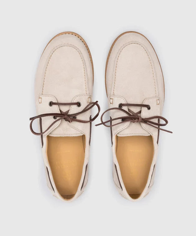 Brunello Cucinelli Men's Suede Boat Shoes In Beige4