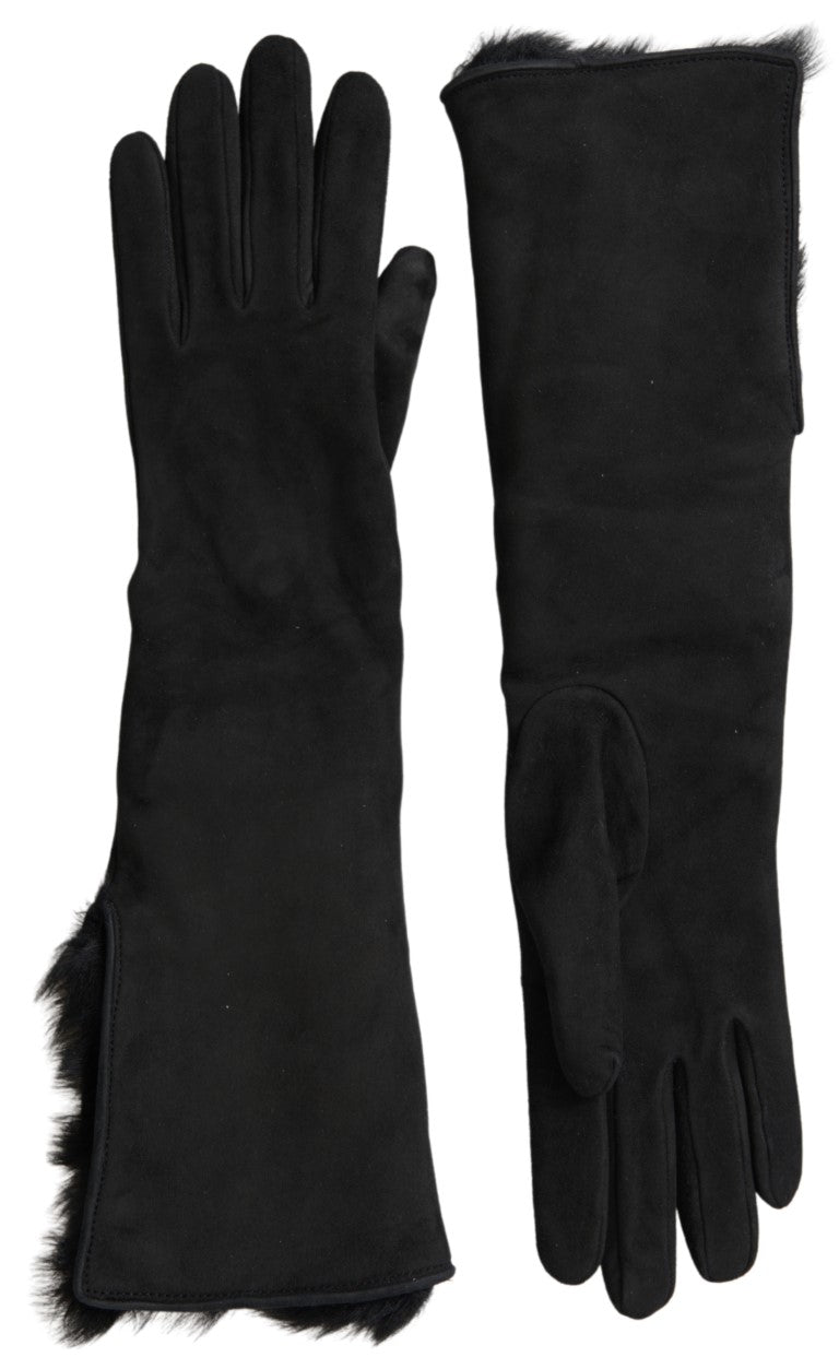 Dolce & Gabbana Elegant Leather Elbow Length Gloves with Fur Men's Trim