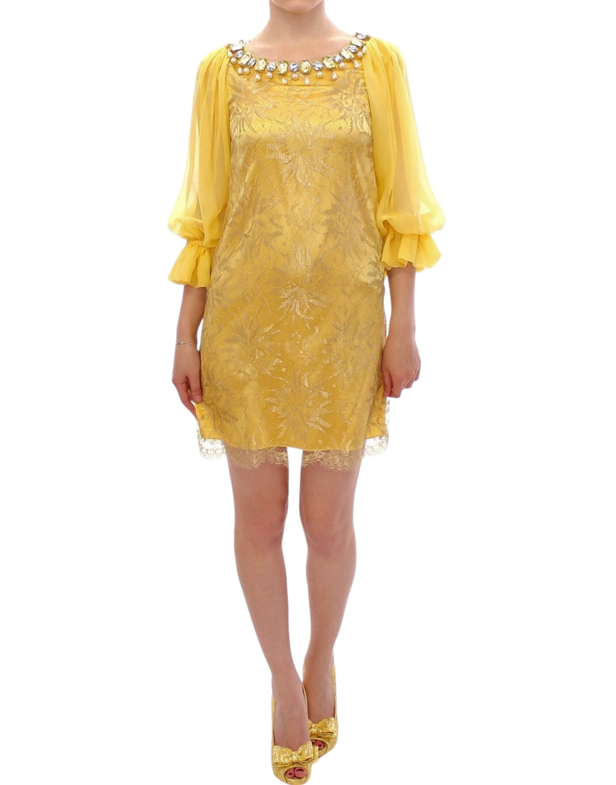 Dolce & Gabbana Yellow Lace Crystal Embellished Mini Women's Dress