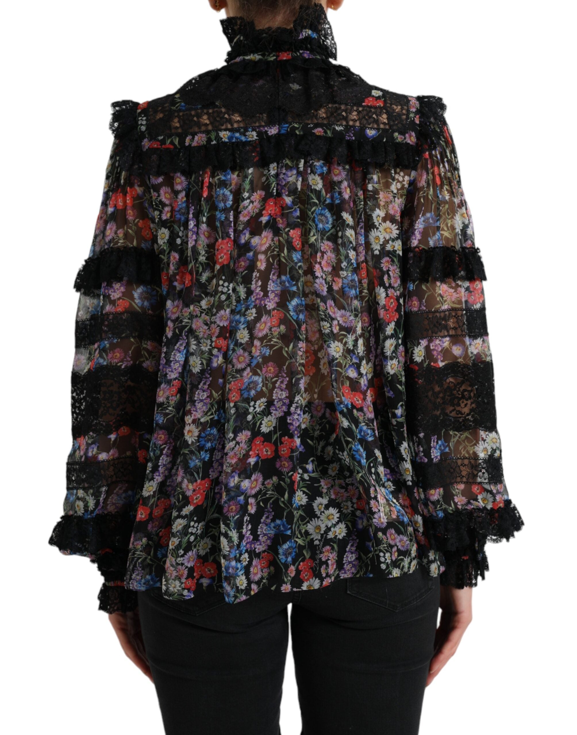 Dolce & Gabbana Elegant Floral Silk Blouse with Lace Women's Trim