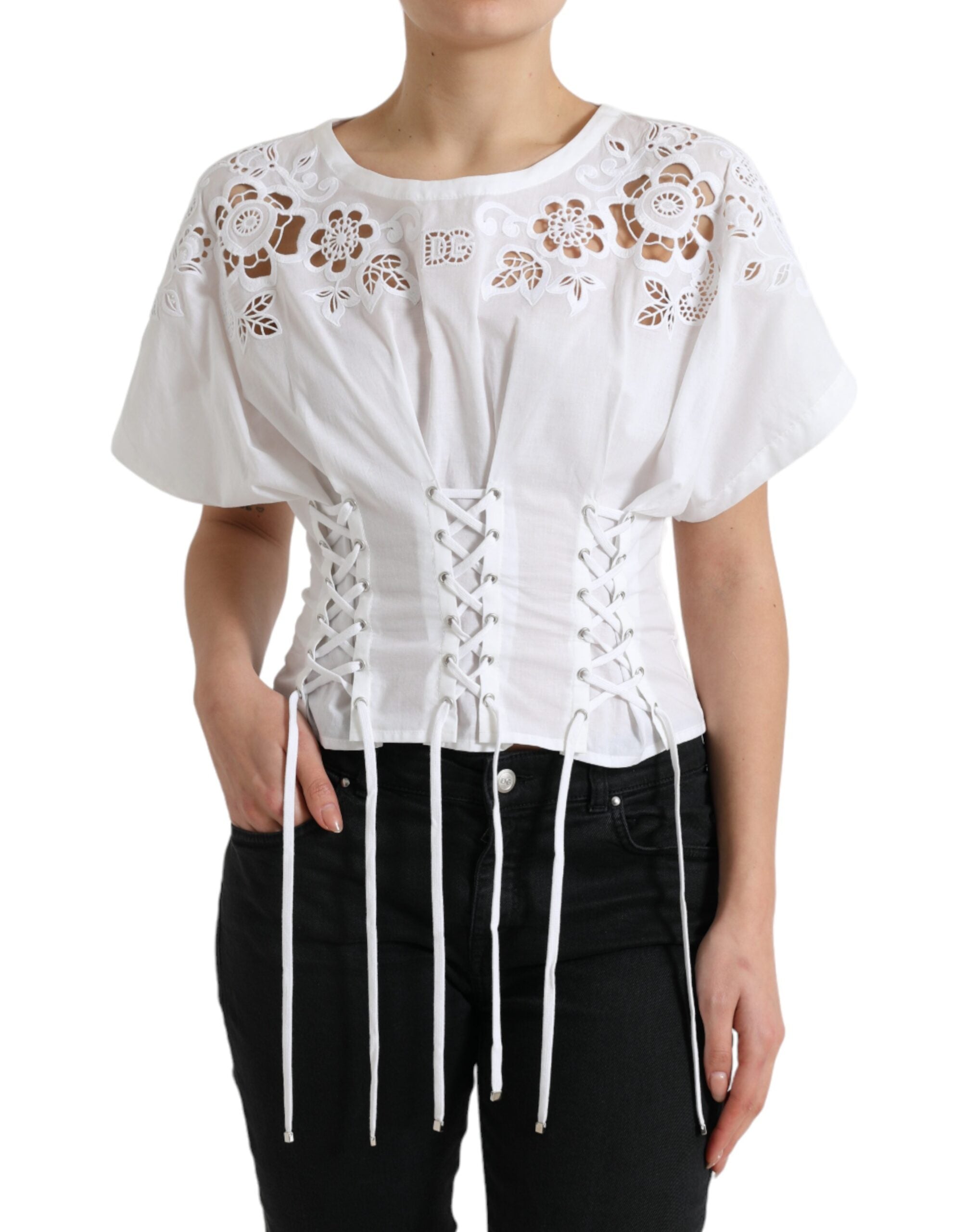 Dolce & Gabbana Elegant White Floral Lace-Up Women's Blouse