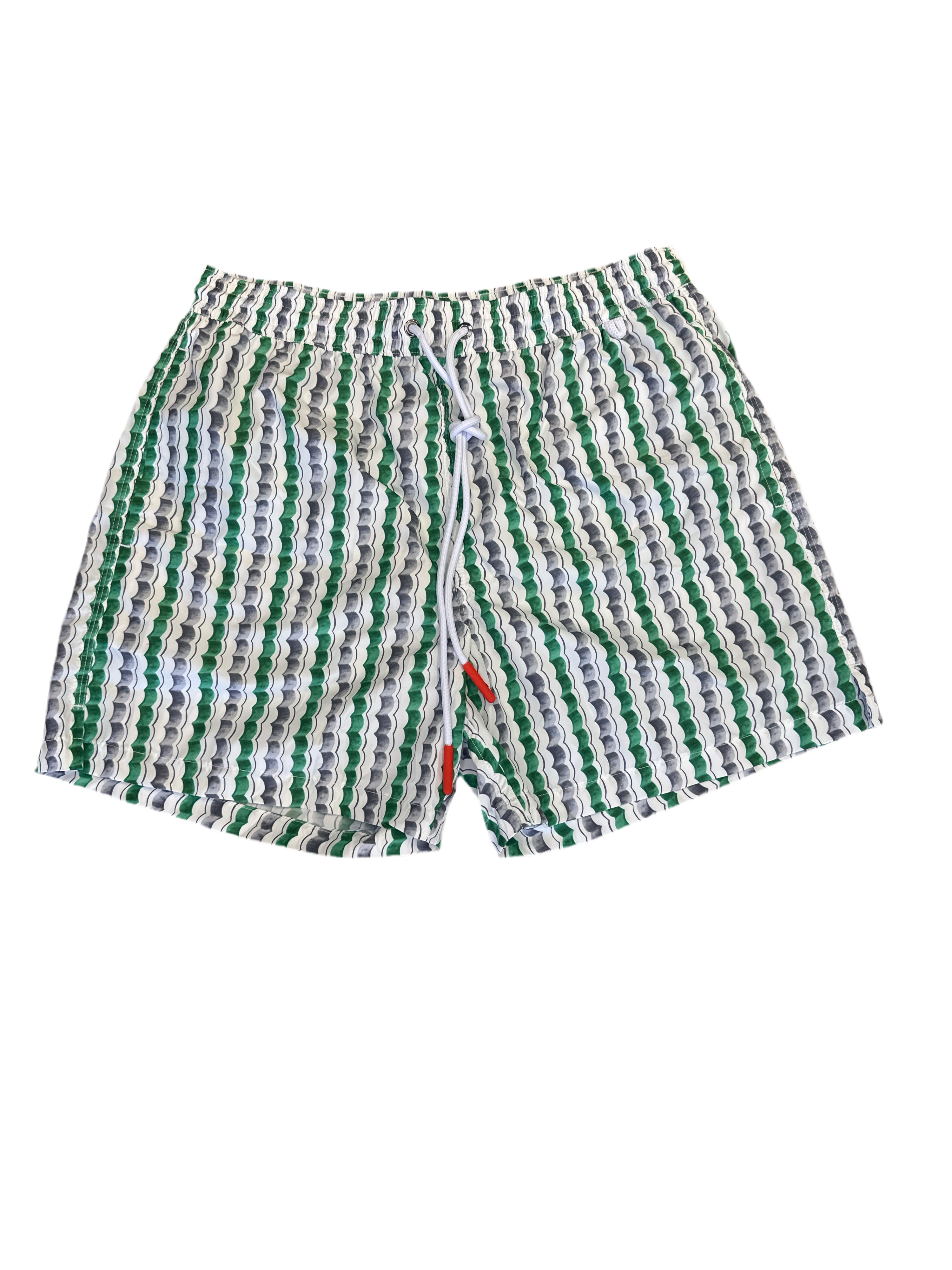 Isaia Mens Green Grey White Scalloped Stripes Swim Trunks1