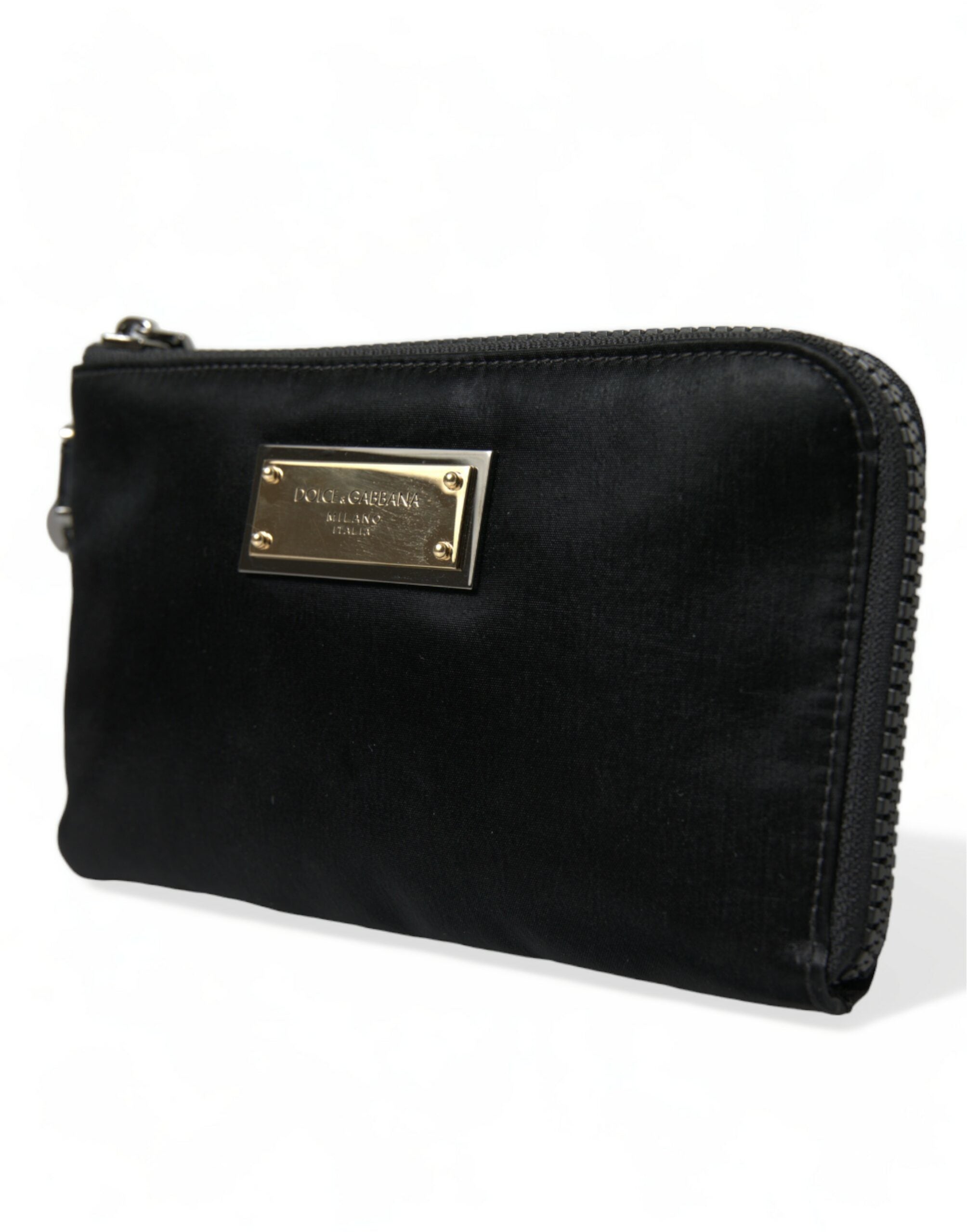 Dolce & Gabbana Elegant Black Nylon Leather Pouch with Silver Women's Details