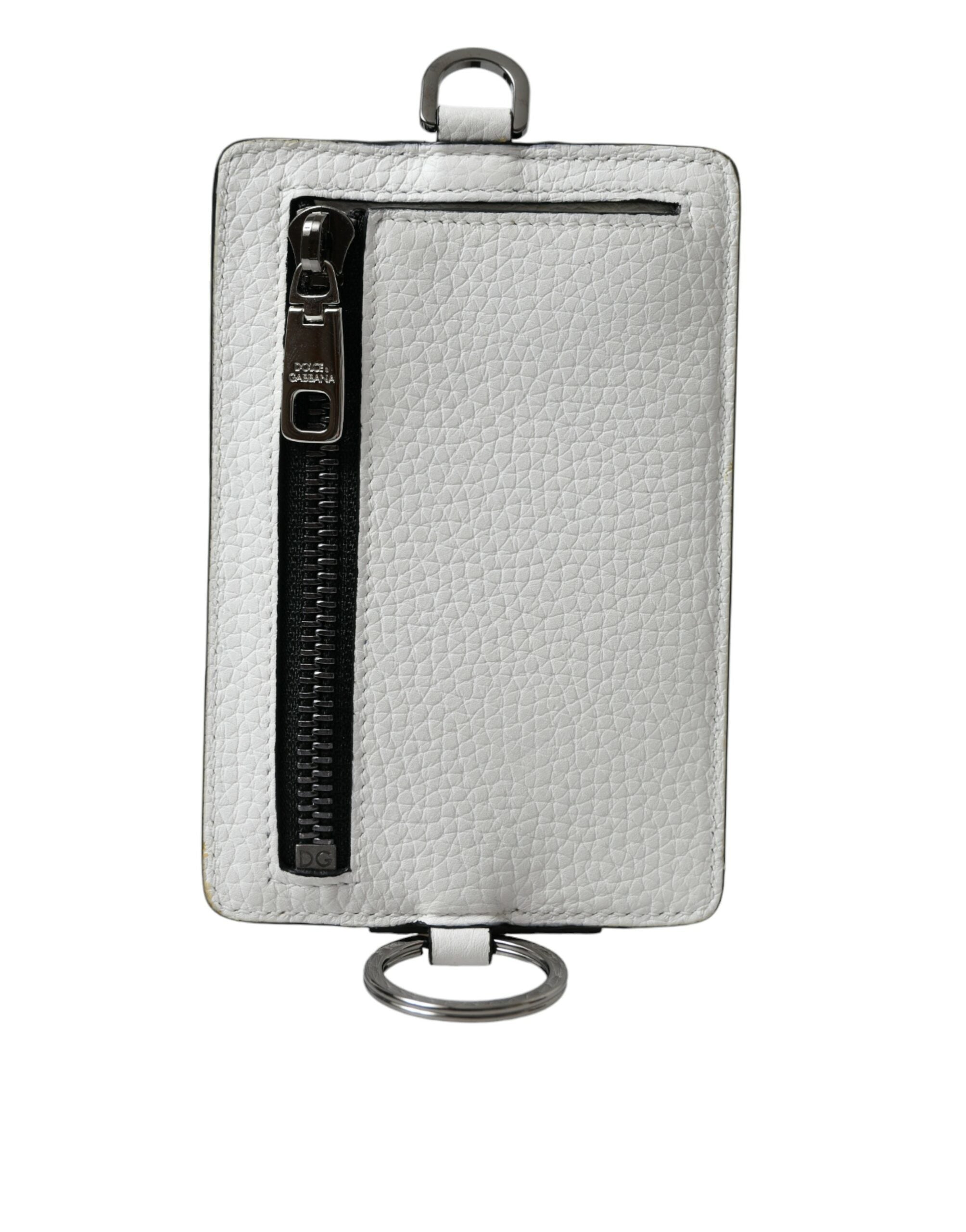 Dolce & Gabbana White Calf Leather Lanyard Logo Card Holder Men's Wallet