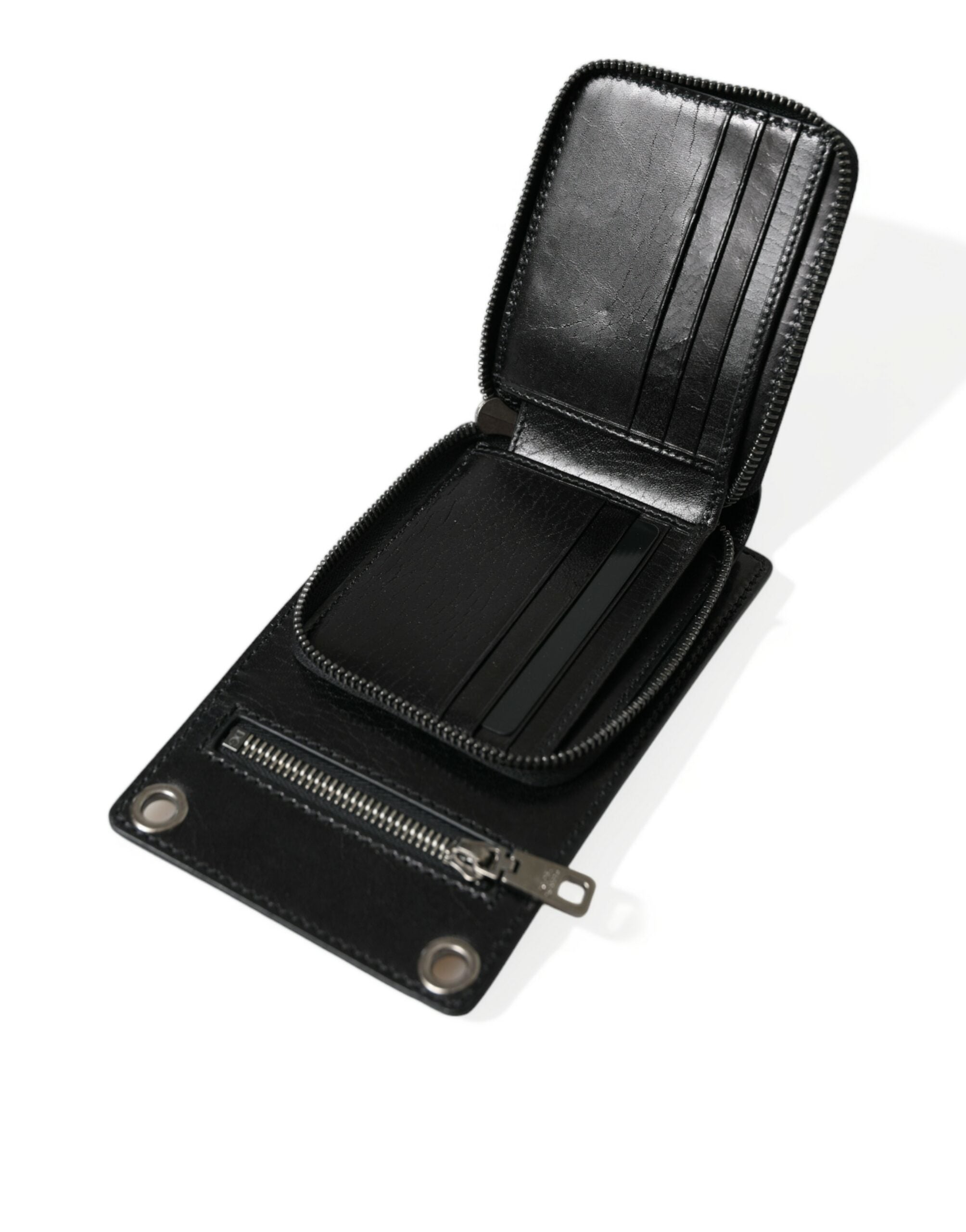 Dolce & Gabbana Black Calf Leather Zip Logo Shoulder Neck Strap Men's Wallet