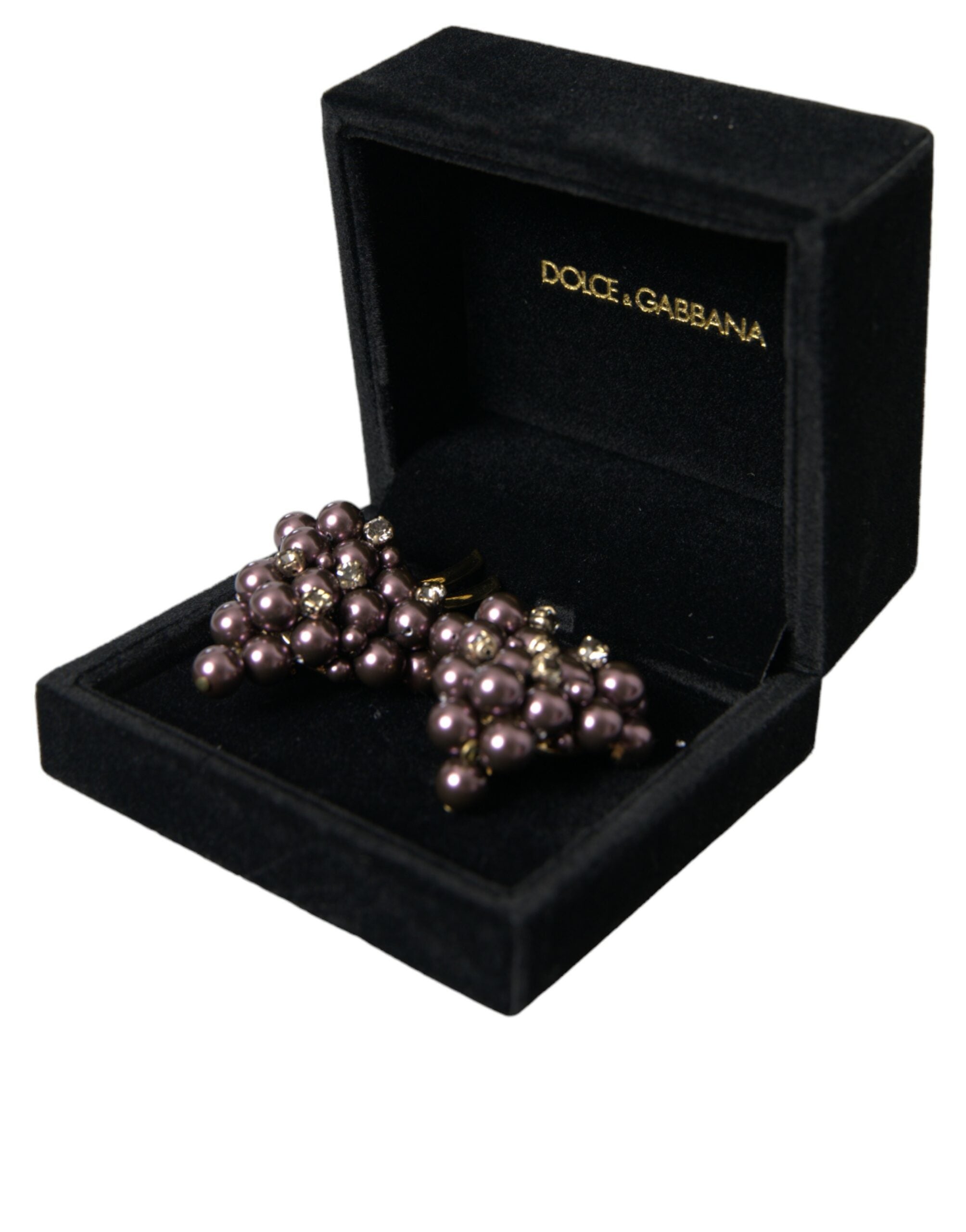 Dolce & Gabbana Purple Grape Pearl Sicily Gold Brass Floral Clip On Women's Earrings