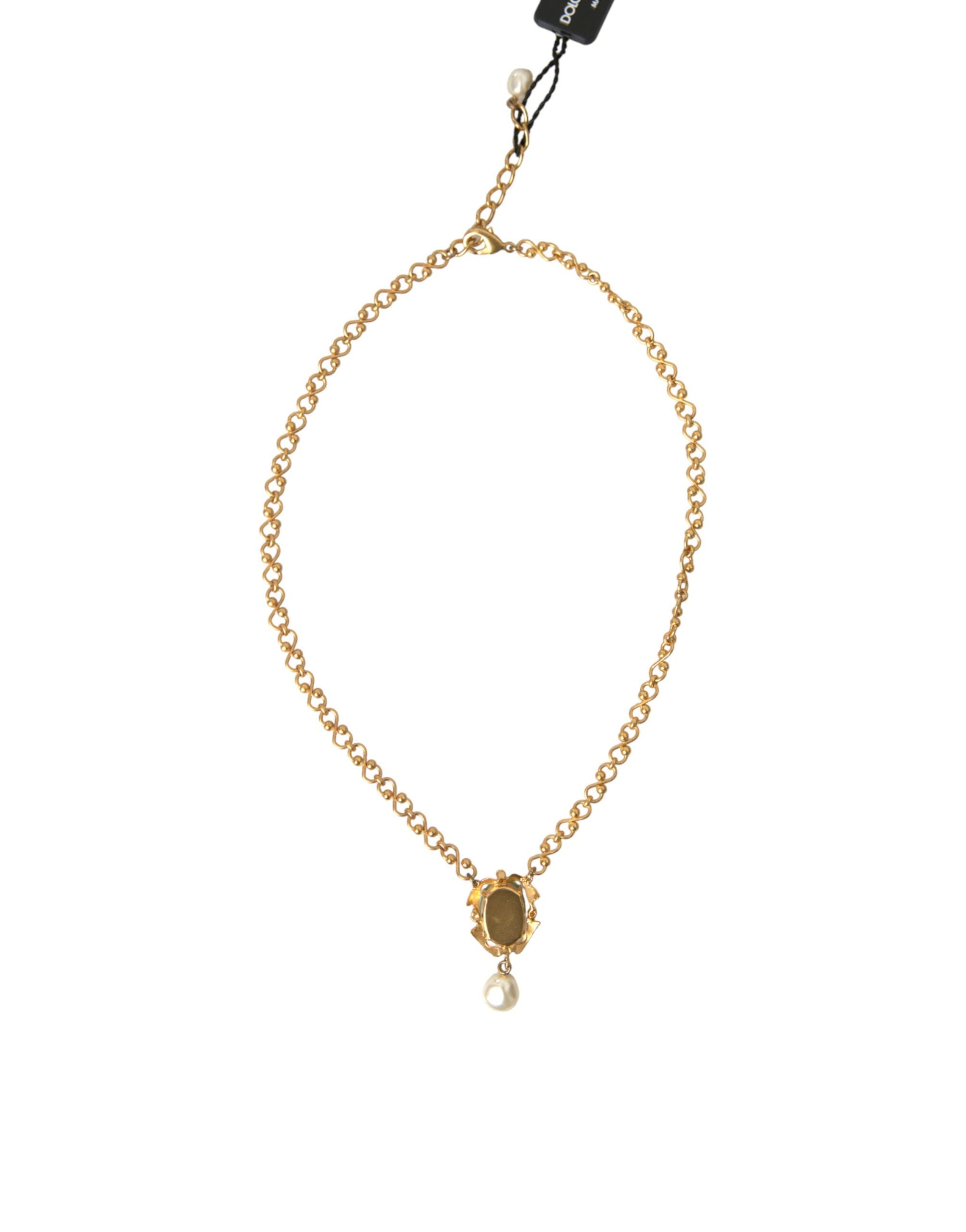 Dolce & Gabbana Gold Brass Chain Pearl Pendant Charm Women's Necklace