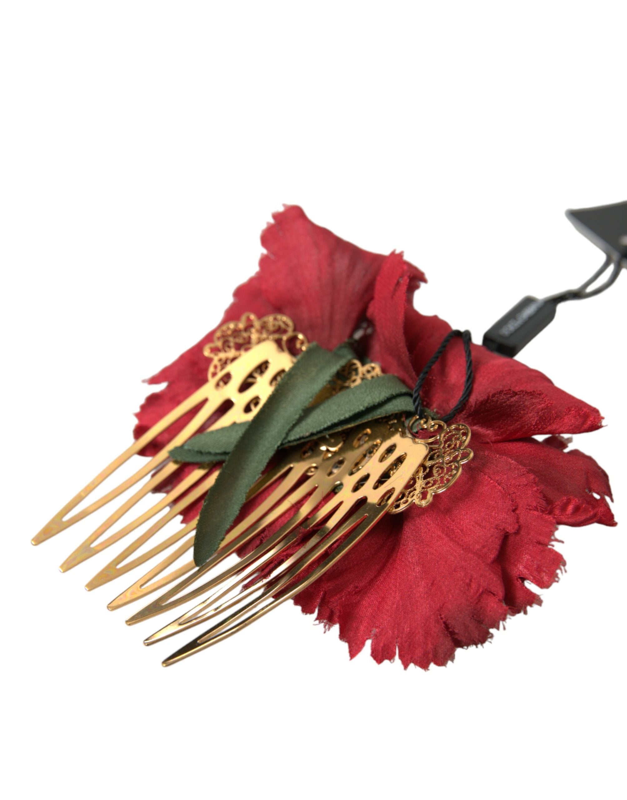 Dolce & Gabbana Red Silk Floral Gold Brass Women Hair Women's Comb