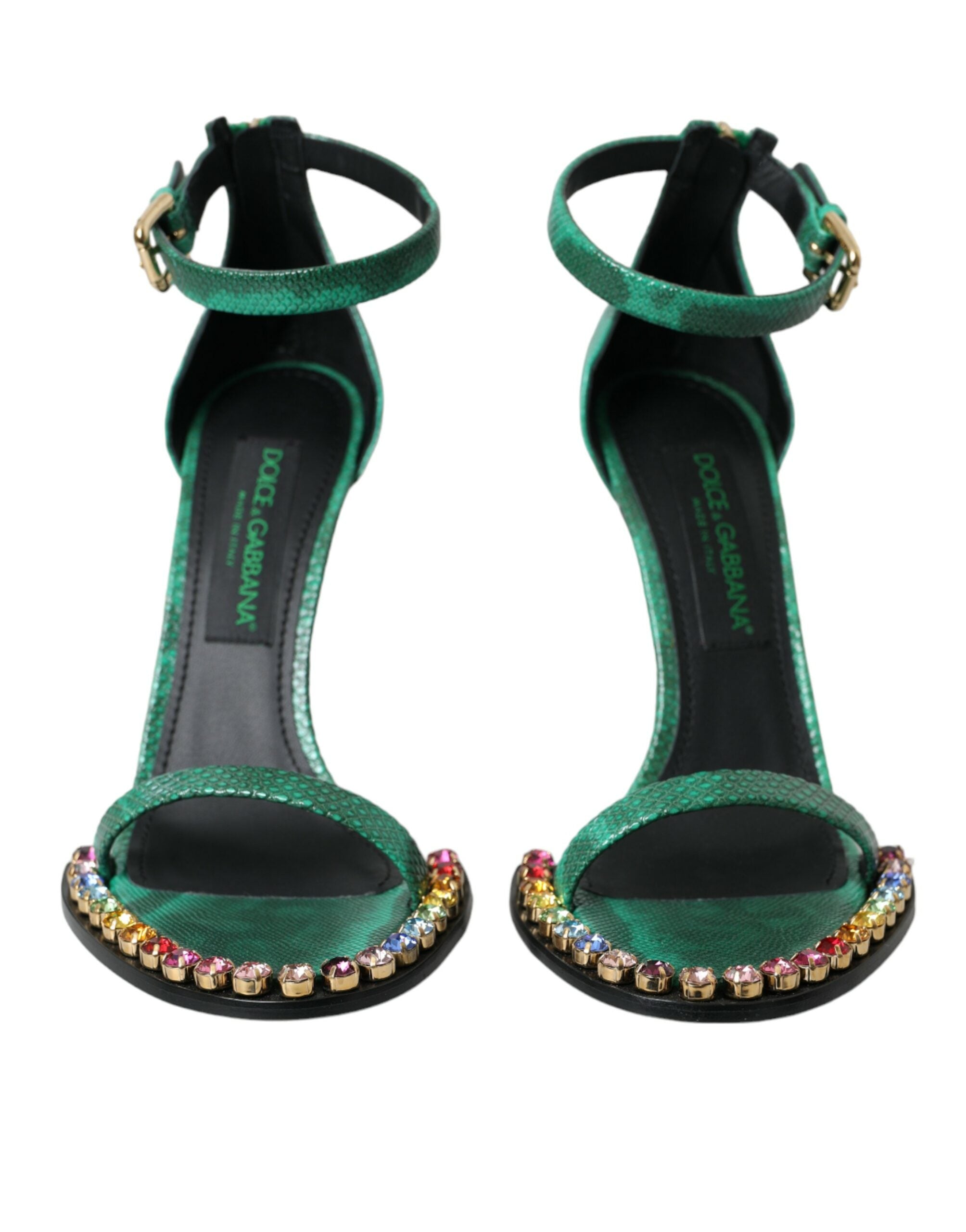 Dolce & Gabbana Green Exotic Leather Crystal Sandals Women's Shoes