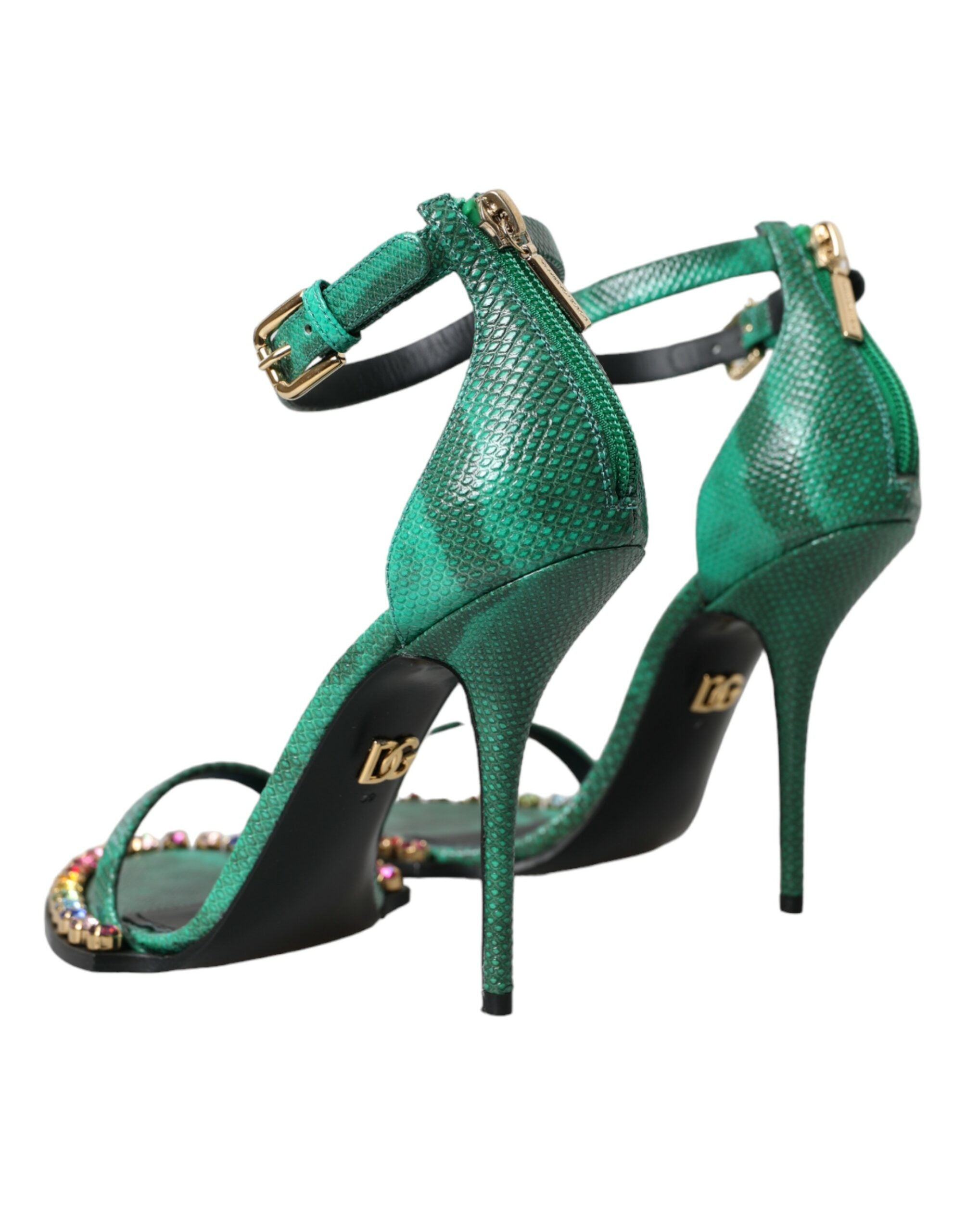 Dolce & Gabbana Green Exotic Leather Crystal Sandals Women's Shoes