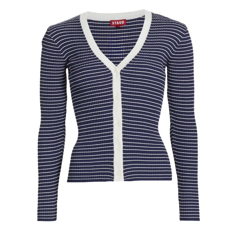 STAUD Women's Blue White Striped Cargo Rib-Knit V-Neck Cardigan1