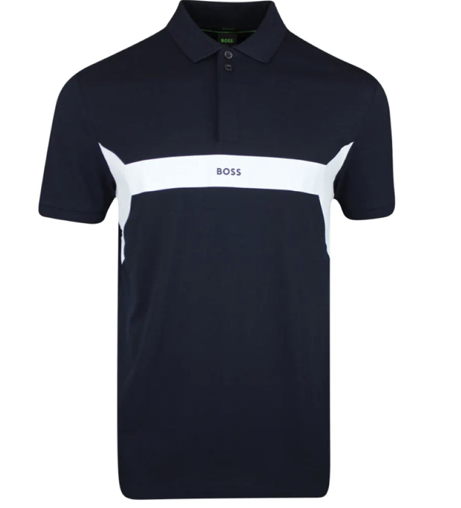 Hugo Boss Men's Paddy 2 Short Sleeve White Stripe Polo Shirt, Navy1