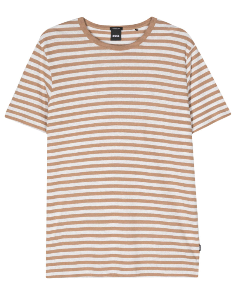 Hugo Boss Men's Tiburt 457 Striped Linen Short Sleeve Crew Neck T-Shirt, Beige/White1