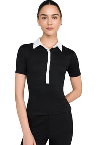 rag & bone Women's The Knit Button Short Sleeve Polo, Black1